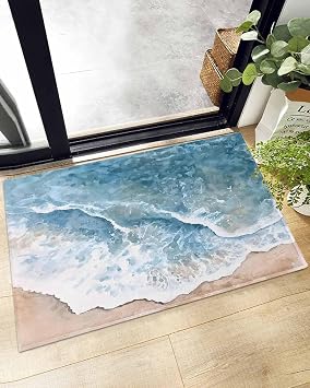 Soft Shag Doormat Beach Waves Blue Ocean,Non Slip Bath Rug Absorbent Mat Watercolor Oil Painting Art,Washable Door Mats Microfiber Runner Carpet for Kitchen,Bathroom 24x35in