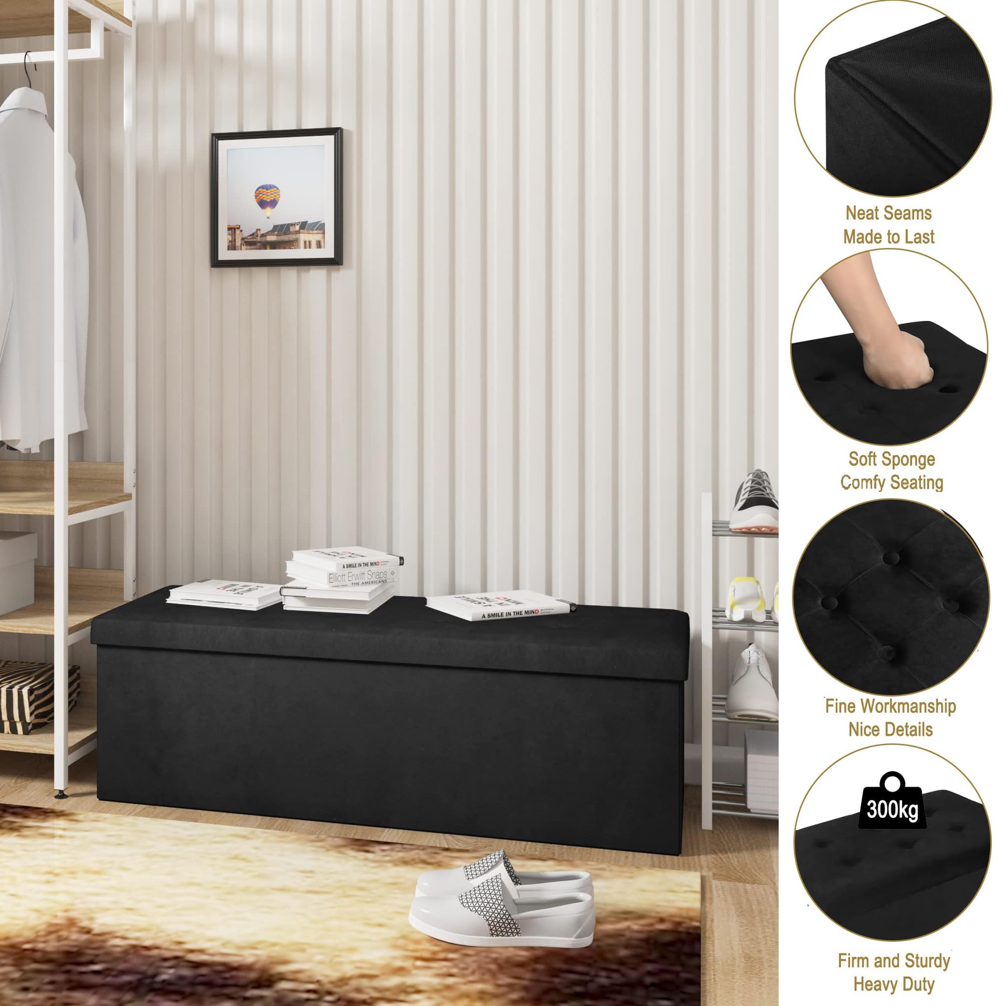 WOLTU Poggiapiedi Cassapanca Contenitore Scarpiera Pouf Sgabello Pieghevole Panca con Coperchio Sedia Bassa in Velluto Nero 110x37,5x38 cm