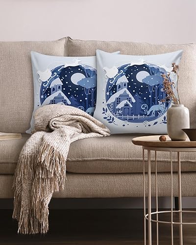 Miniatura 2 de Paquete de 2 fundas de almohada de algodón, fundas de almohada cuadradas suaves de invierno con hojas de árbol de casa azul, fundas de almohada