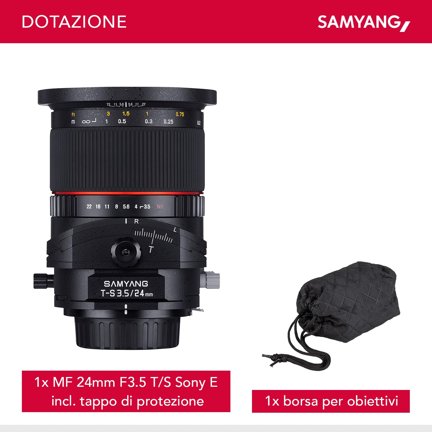 Samyang MF 24 mm F3,5 T/S per Sony E – Tilt Shift pieno & APS-C, messa a fuoco manuale, distanza focale fissa per fotocamera Sony con supporto E Mount, alloggiamento in alluminio