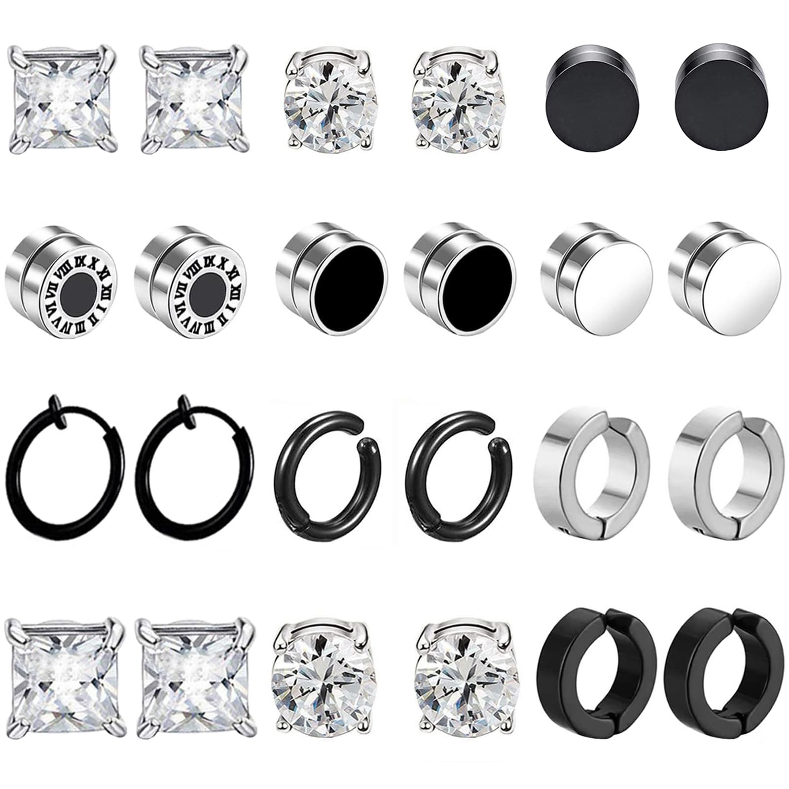 VELESAY 12 Pares Falsos Pendientes Iman Hombre Pendientes Sin Agujero Acero Inoxidable Pendientes Clip Hombre Magnéticos Pendiente CZ Magnet Mujer Aro Set Pendientes Negro Plata