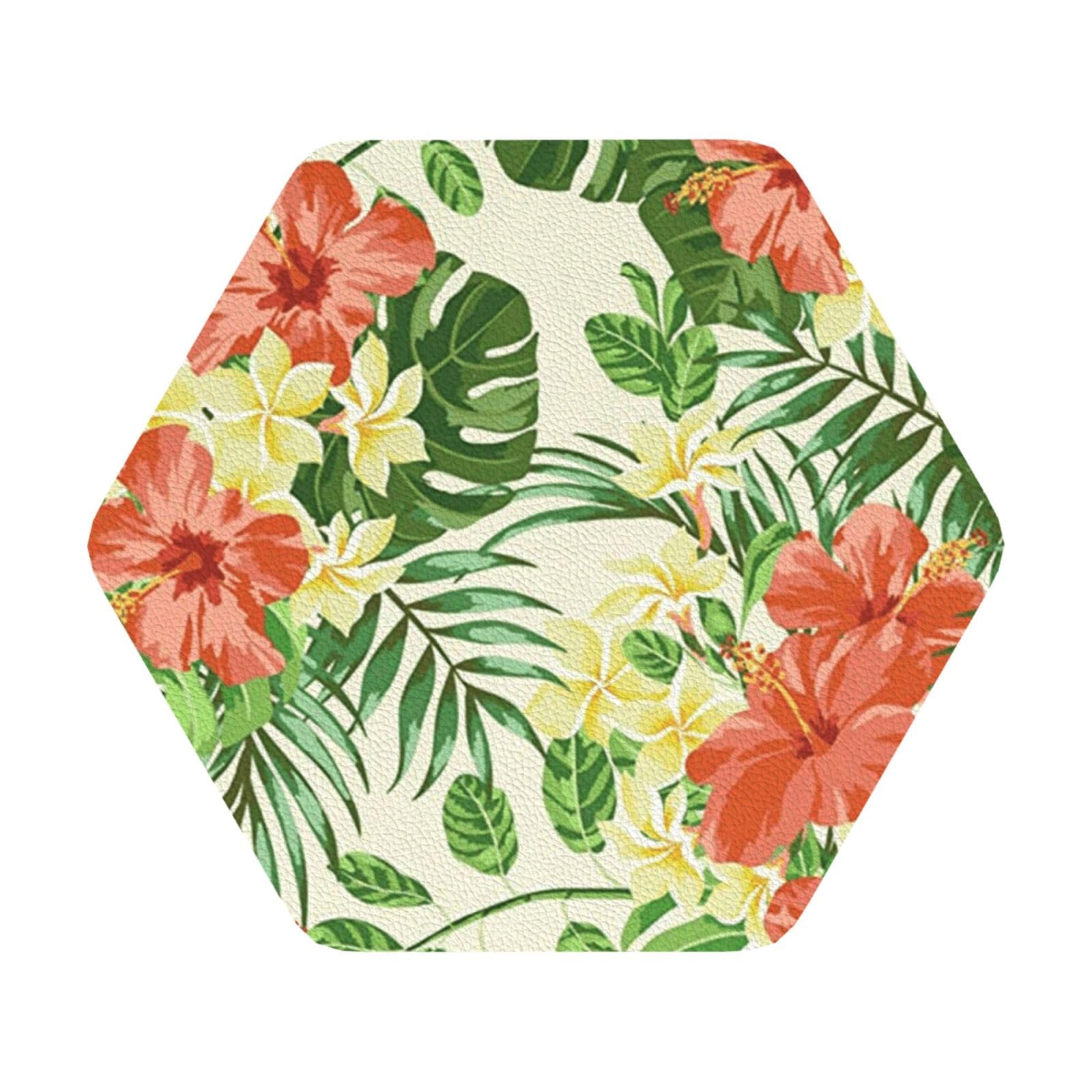 hojas tropicales y flores PU Leather Coasters Set of 6 Hexagon Drink Coasters