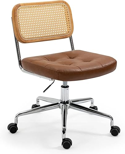 Silla de oficina moderna sin brazos, silla de escritorio de cuero para computadora con respaldo de ratán, silla giratoria tapizada ajustable con