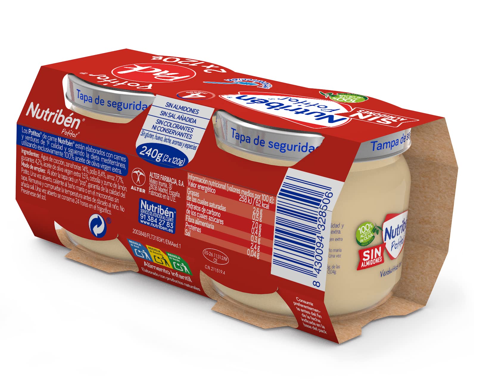 Nutribén Potitos Introducción al Pollo con guisantes y zanahorias, Pack 6 x 120g, Desde los 4 Meses