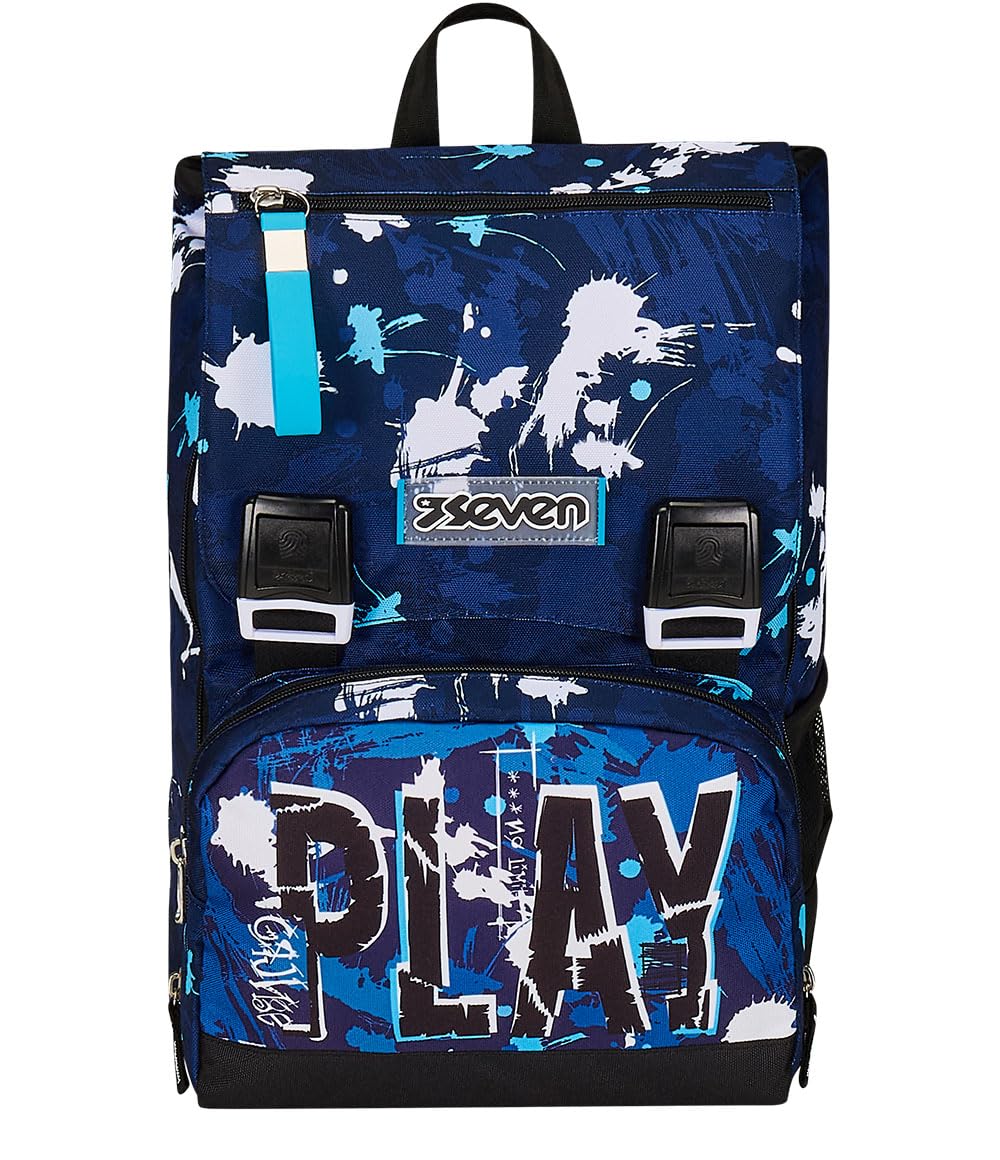 Seven Zaino Doppio Scomparto Estensibile, SpottyBlue, Blu, Maxi Capienza, Schienale Preformato, Bambini e Ragazzi, Scuola & Viaggio
