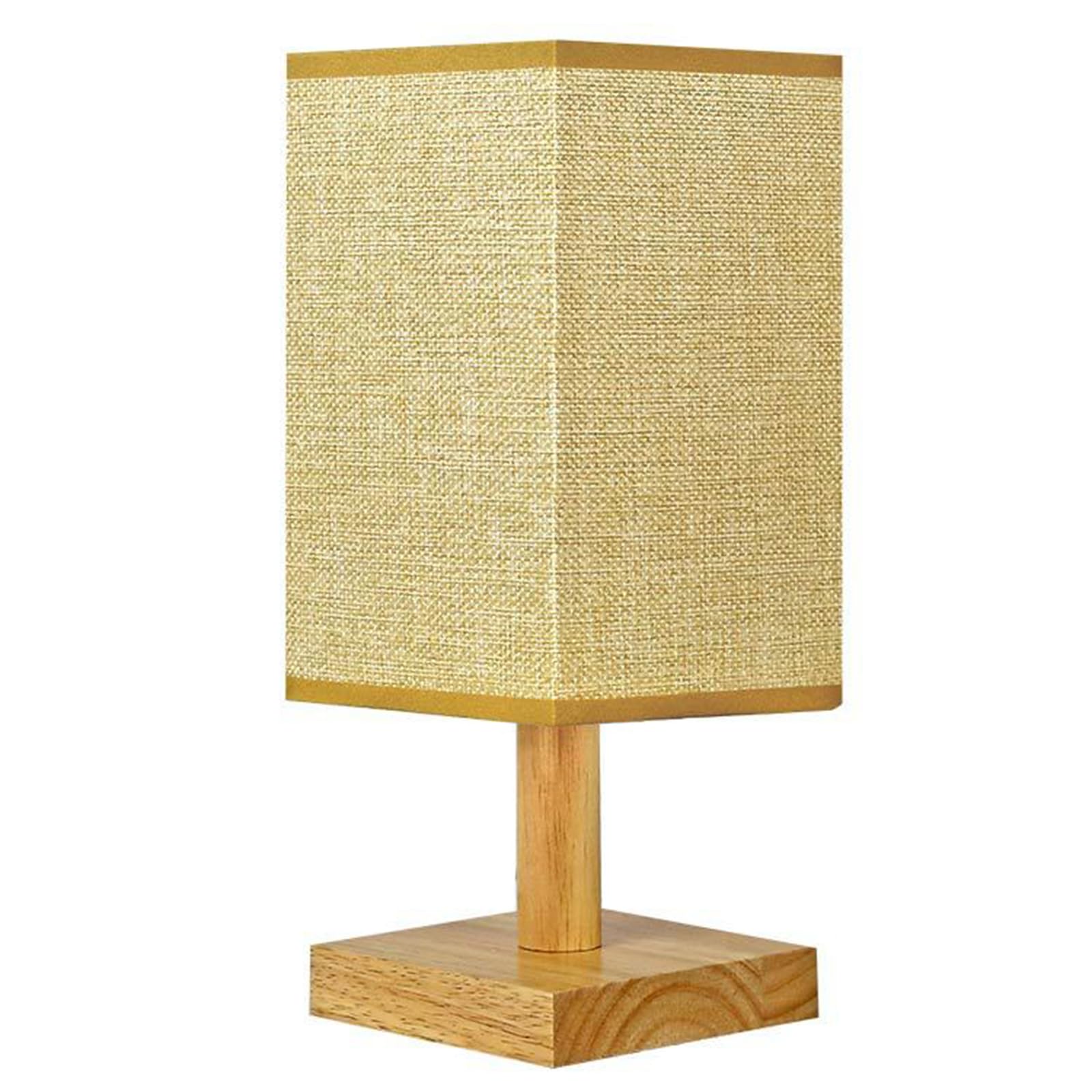 ZJchao Natural Wood Table Lamp with Fabric Shade, Retro Square Bedside Night Light for Bedroom or Study, USB Powered Decorative Lighting Fixture (Yellow Linen)