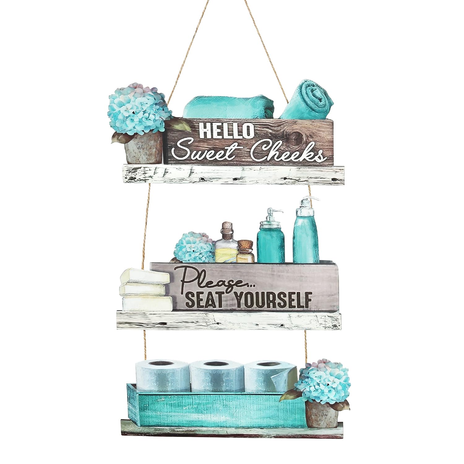 Dazzlewall 3Pcs Farmhouse Rustic Bathroom Hanging Sign,Turquoise Bath Products & Hydrangea Wooden Wall Plaque for Bathroom Toilet Decor New Home Gifts House Warming Gifts 39x26 cm