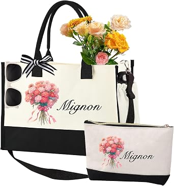 Personalized Tote Bag - Birth Flower Beach bag with Zipper Pockets, Embroidery Canvas Tote Bag, Gifts for Women Her