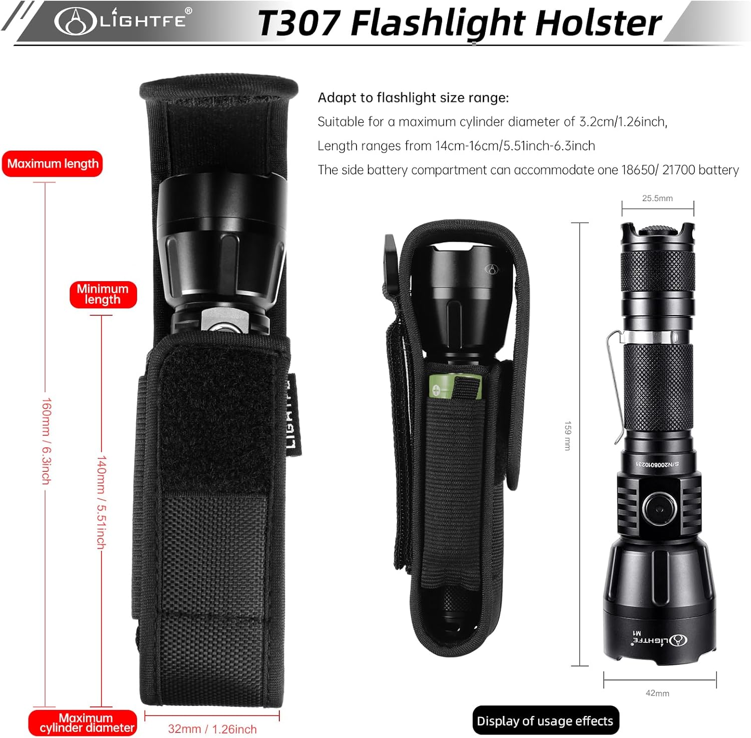 Flashlight Holster Tactical Flashlight Holster Flashlight Holder Molle, Adjustable Telescopic Flashlight Holster