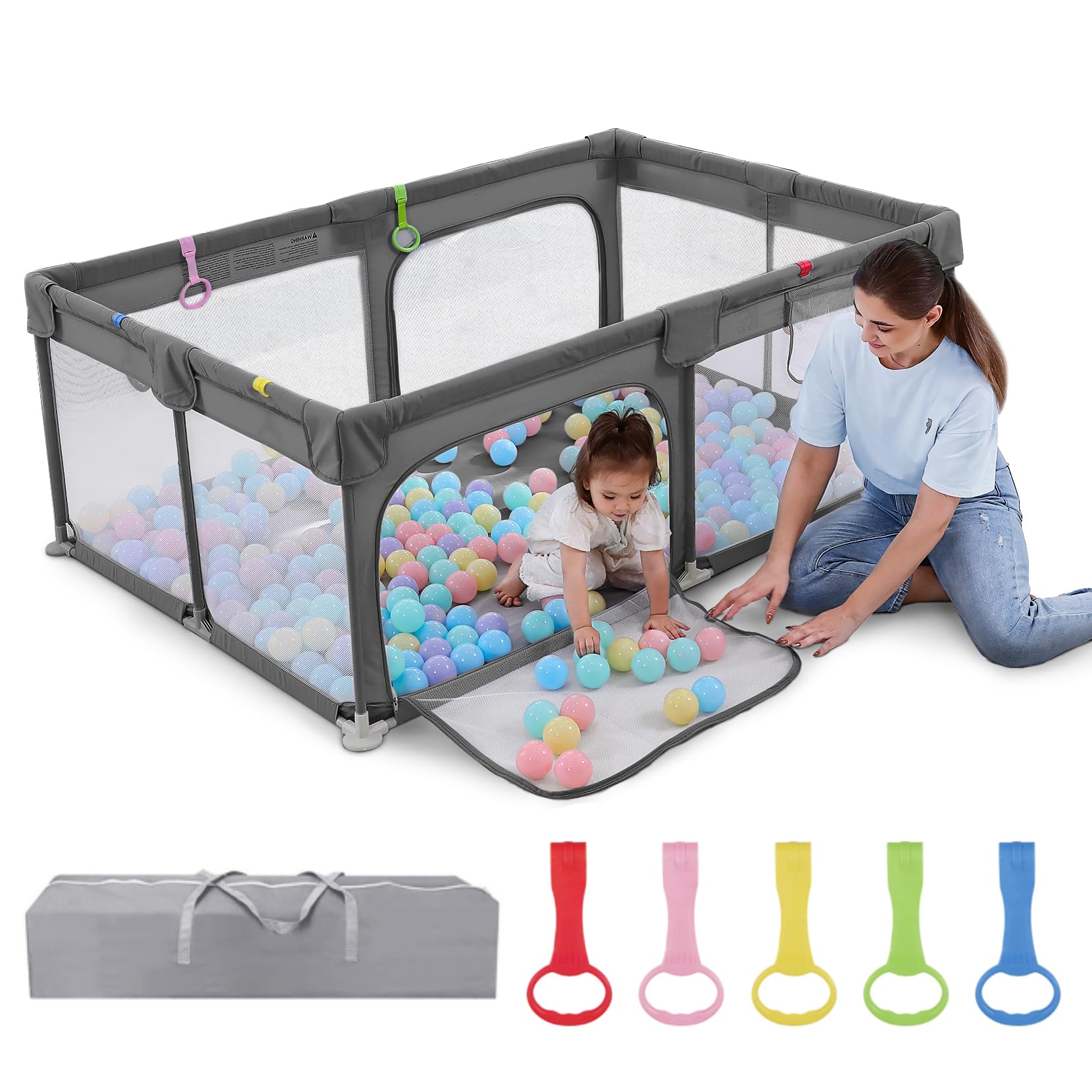 Dripex Laufstall Baby 120x180cm, Laufgitter Baby, Laufstall mit atmungsaktivem Netz, Laufgitter 300D Oxford Gewebe, Playpen, kinderlaufstall, Große Sicherheitsspielplatz, Dunkelgrau