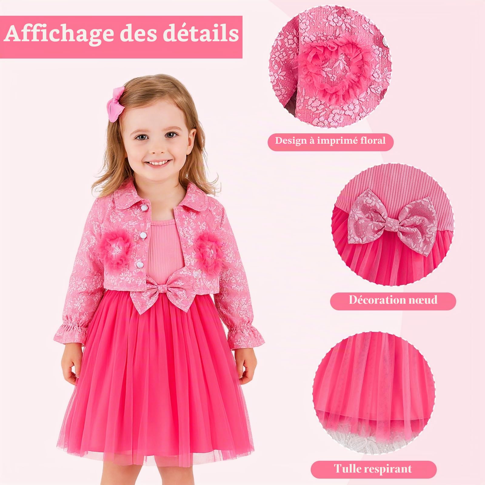 Kunyeah Robe tutu pour bébé fille avec cardigan en tulle sans manches avec veste en dentelle florale pour tout-petits