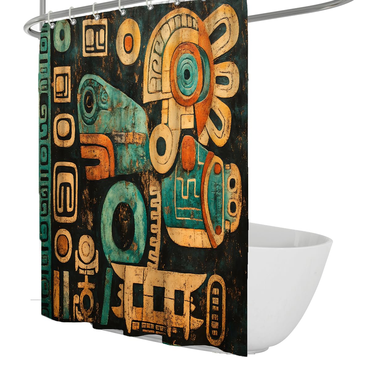 UERWOWELL Ancient Mayan Style Shower Curtain Abstract Hieroglyphic Pattern Fabric Bath Curtains Exotic Symbol Style Bathroom Decor Waterproof W220xL180 cm