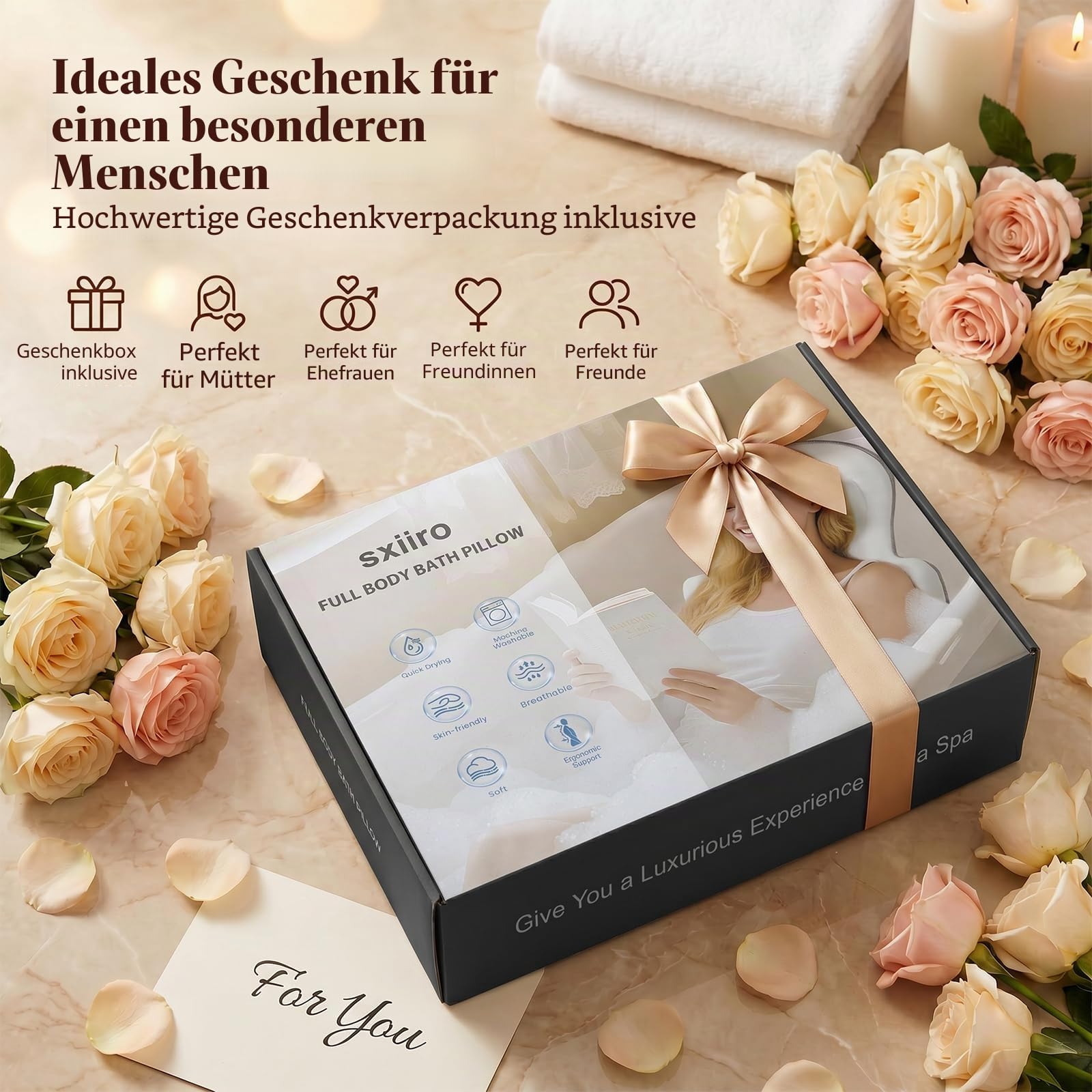 Badewannenkissen Ganzkörper Badekissen, Dickes Badewannenkissen mit Wäschesack, luxuriöses Kissen für Badewanne Kopfstütze Nacken Schulter Unterstützung Entspannung Spa Zubehör (Weiß, 129,5 x 40,6 cm)