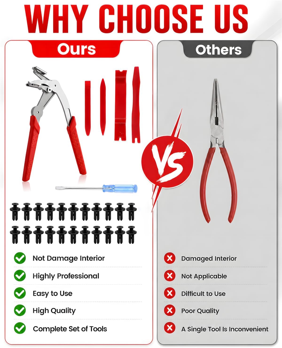 Car Clip Pliers Removal Tool Kit, Automotive Trim Removal Tools with Panel Pry Set, Fastener Clip Remover, 8mm Expansion Screws, Screwdriver, Interior Door Panel Repair Tool Kit