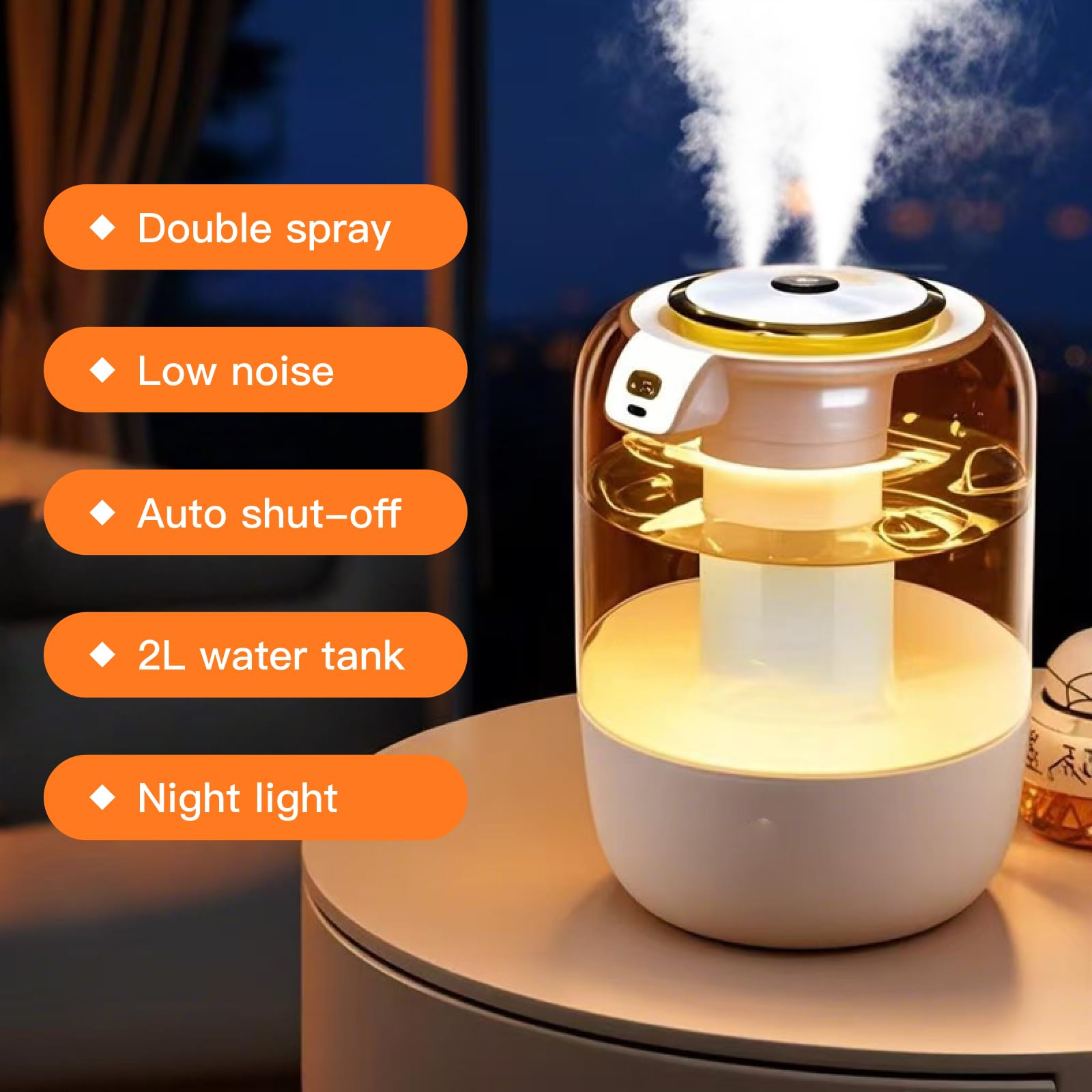 Humidificador de aire para dormitorio, humidificador silencioso de niebla fría de 2 litros para plantas, dormitorio, oficina, hogar, coche, humidificador personal con 3 modos de niebla y luz