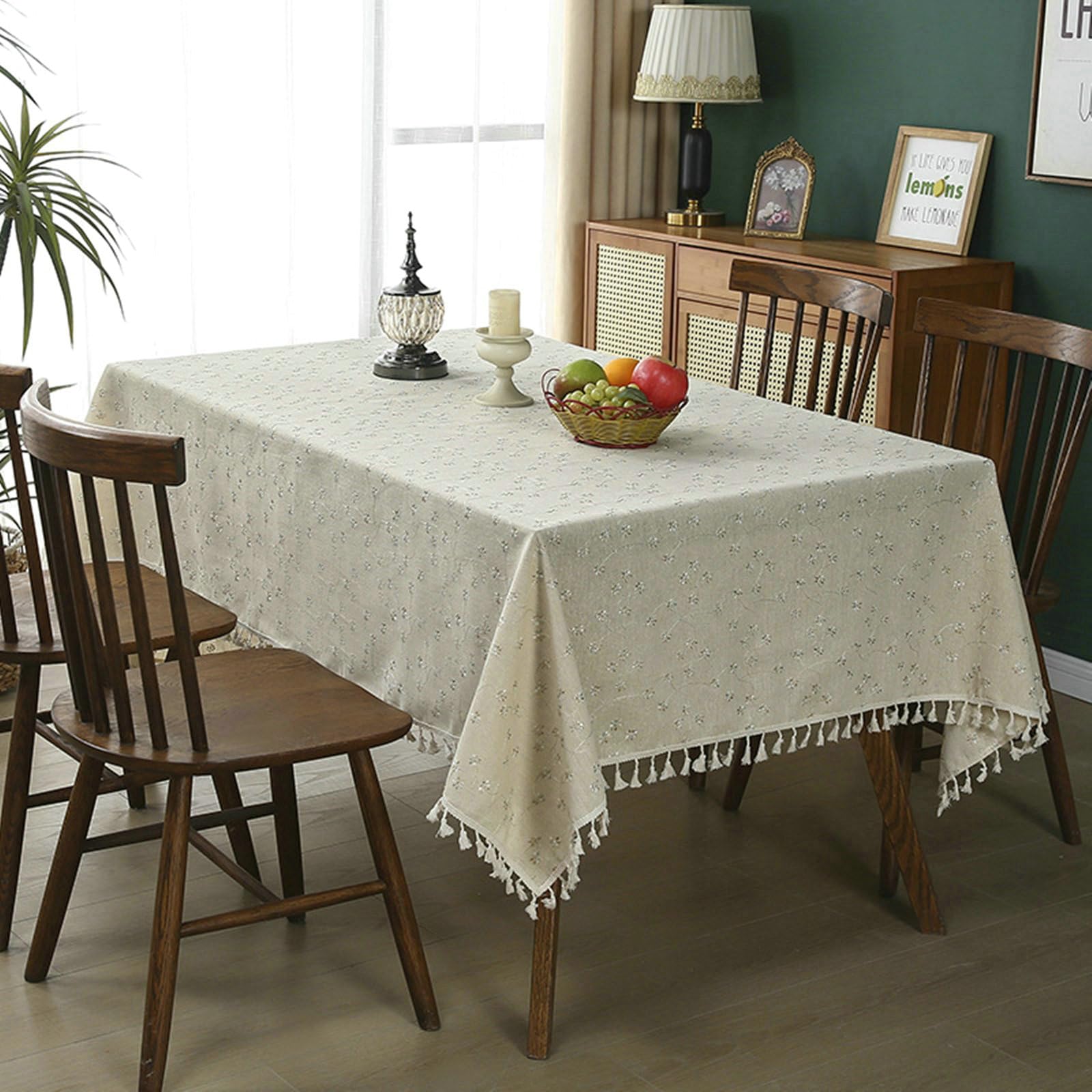Gualiy Nappe Table Salon Carrée 130x130cm, Fleur en Polyester Lin, Beige