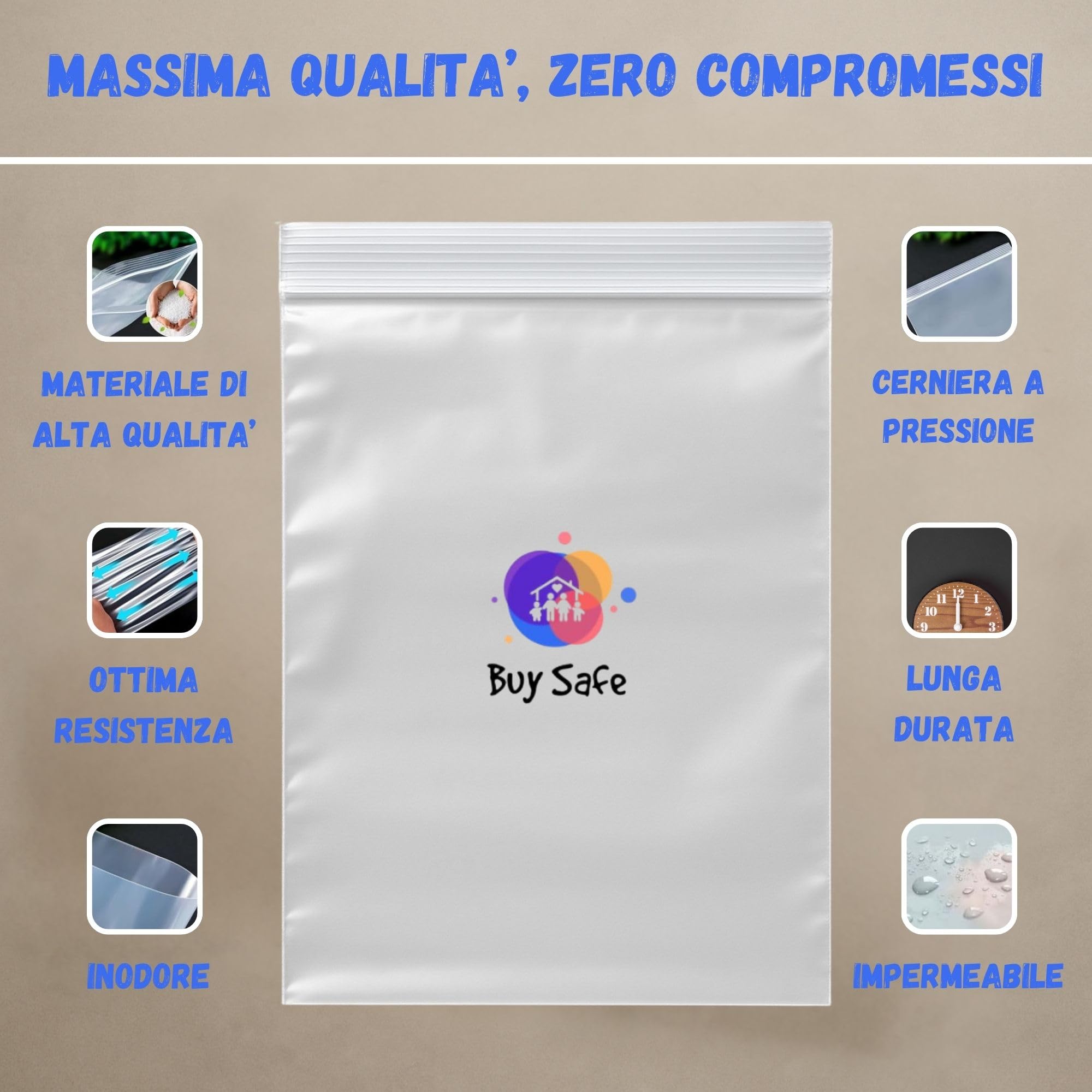 BUY SAFE - Sacchetti Plastica Richiudibili, Sacchetti Ermetici per Alimenti, Vestiti e Oggetti con Chiusura a Cerniera, Buste Trasparenti Richiudibili Resistenti e Riutilizzabili, 30x40-100 Pz