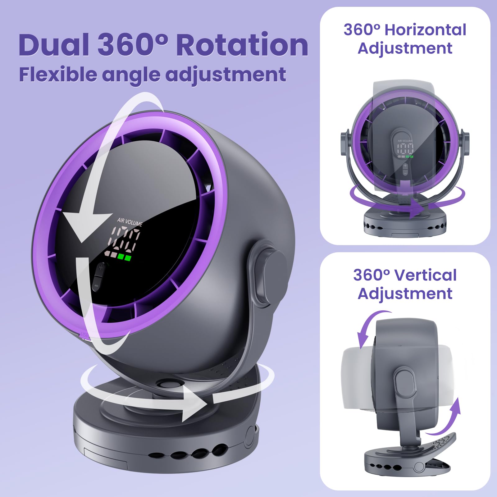 Ventilator Klein, 5000mAh USB Ventilator Akku mit Fernbedienung, 3-in-1 Design (Tisch/Clip/Wandmontage), 5 Stufen & 4 Timer, Dual 360° Rotation, für Schlafzimmer, Küche, Büro, Grau-Lila