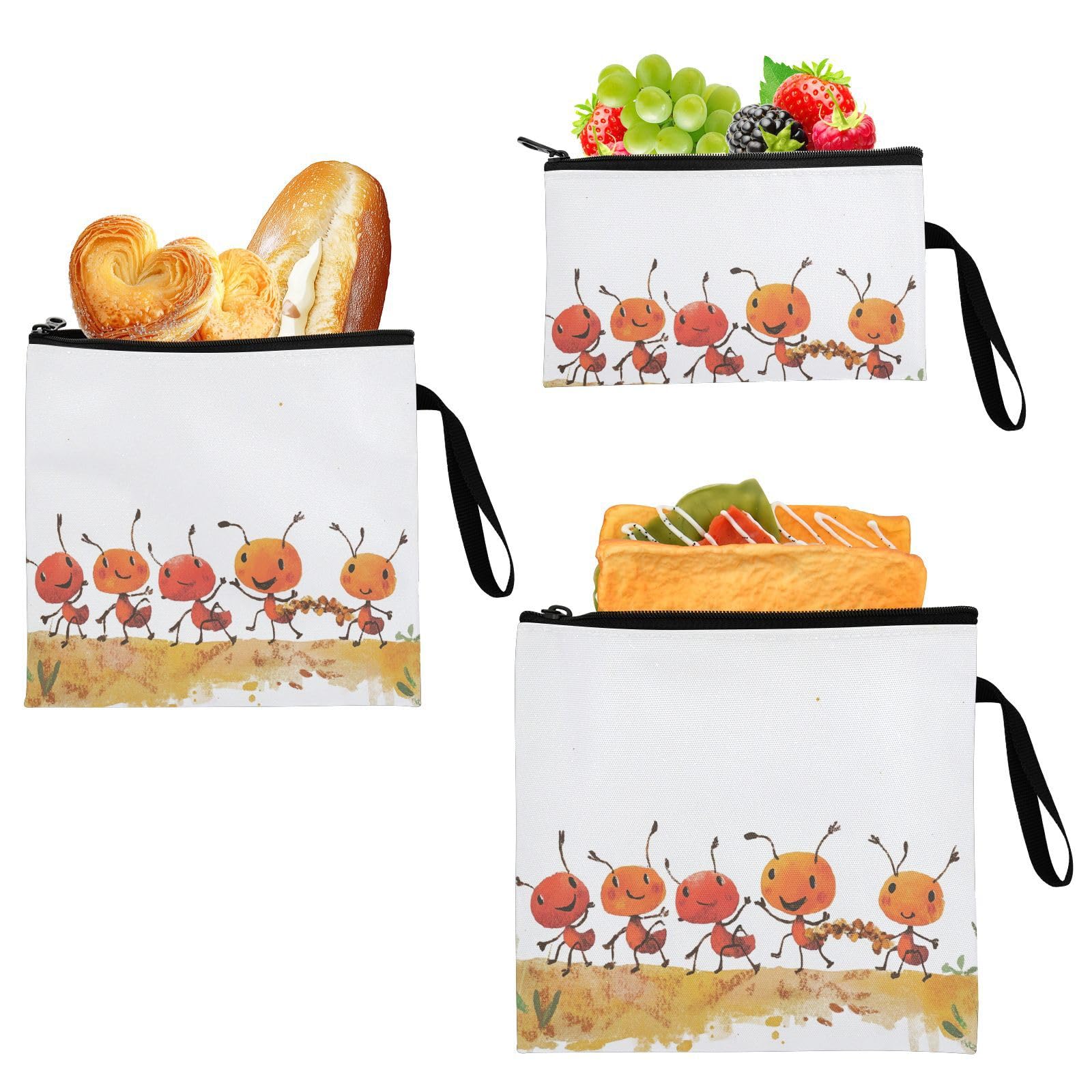 Ants Carrying Food in A Line 3 pack Reusable Snack Bags and Sandwich Bags Multi-Use Travel Bag for Picnic Work Travel Office