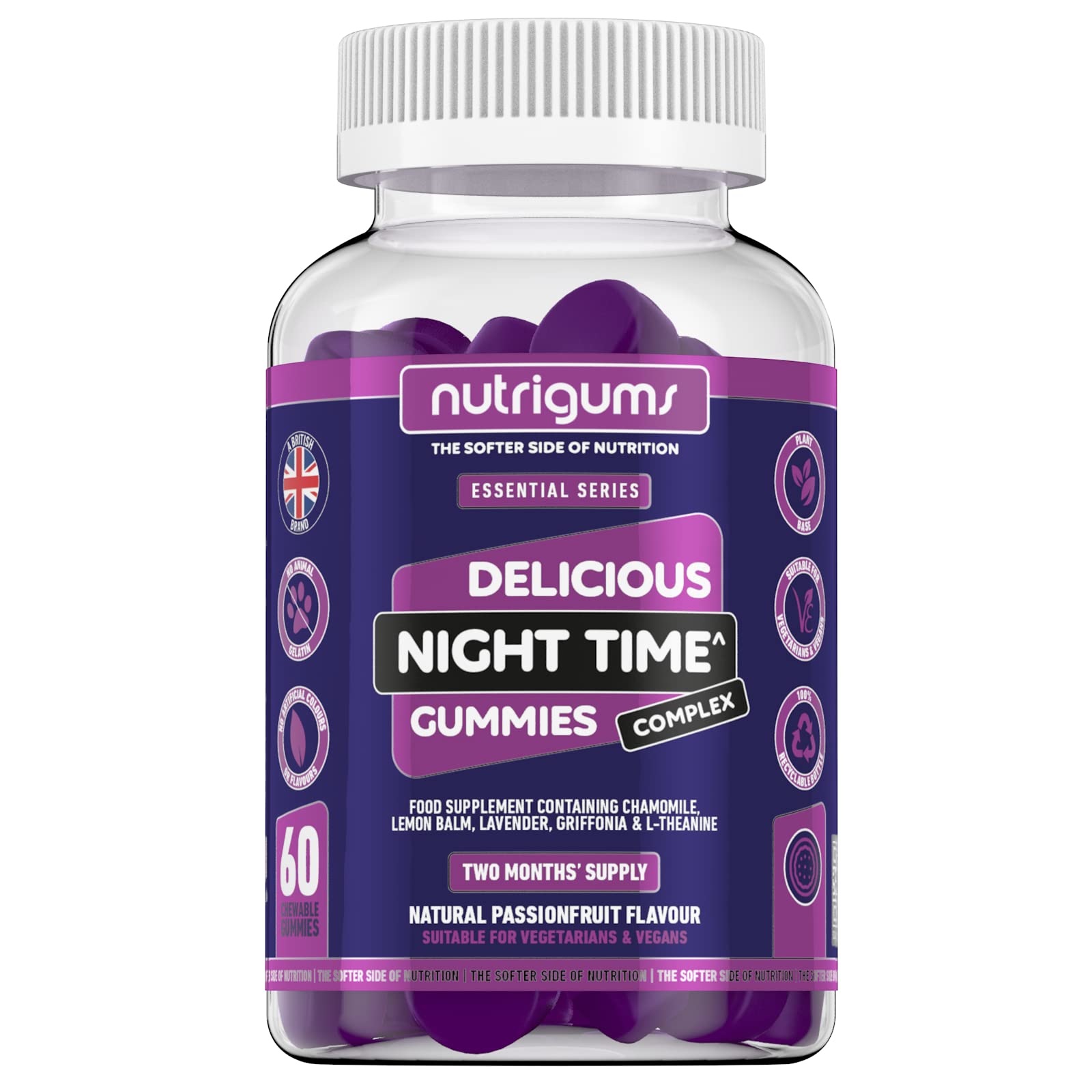 NUTRIGUMS® Night Time Complex. 60 Vegan Gummies. Support Sleep with Griffonia Seed (5HTP), L-Theanine, Passionflower, Chamomile, Lemon Balm & Lavender. Suitable for Adults & Children