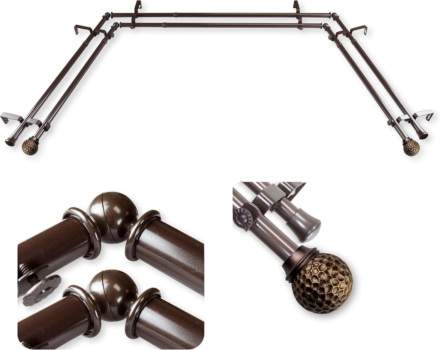 A&F Rod Décor - Carter 13/16" Bay Window Double Curtain Rod 20"-36", 38"-72" - Antique Brass