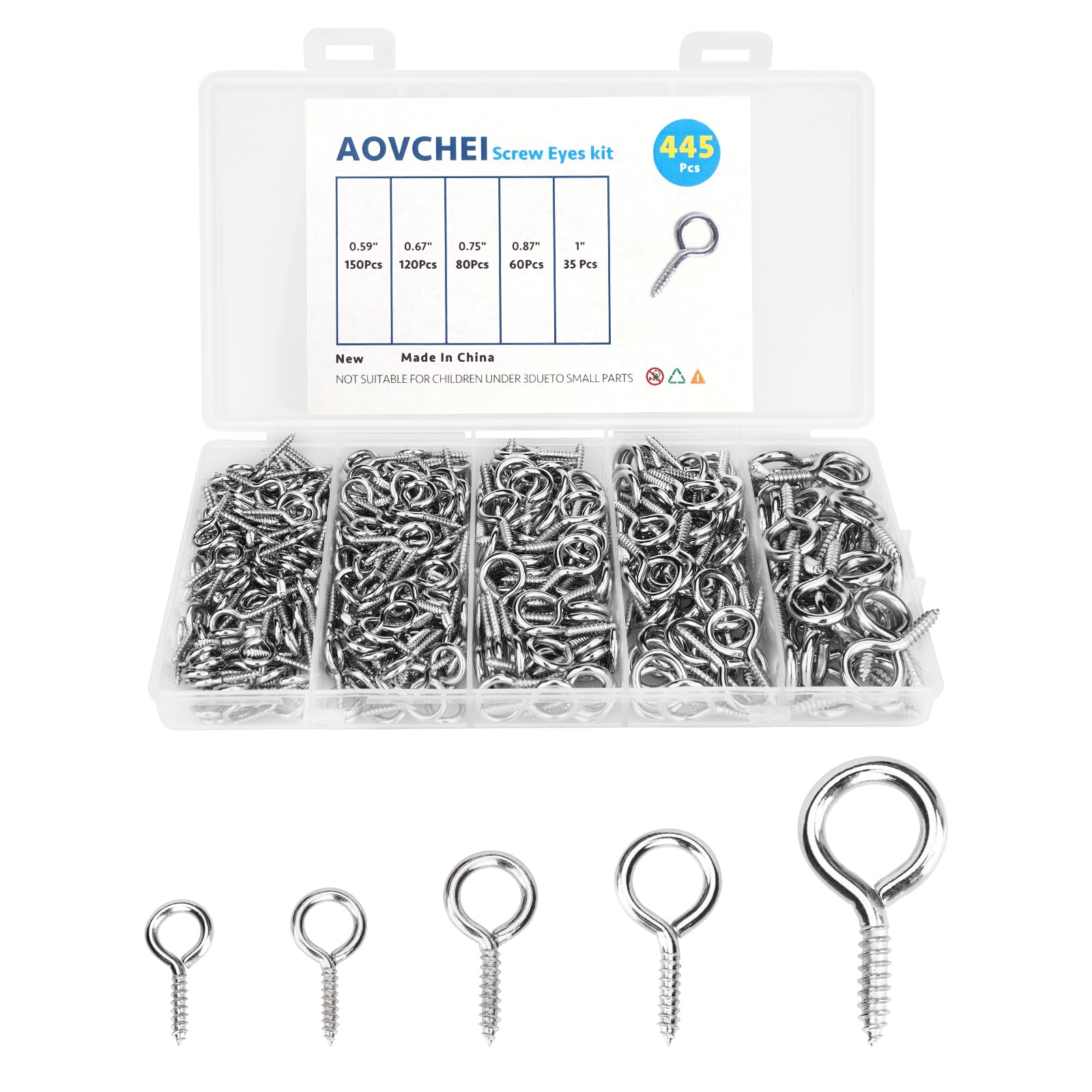 Aovchei Eye Screws Set, 455PCS 0.59" 0.67" 0.75" 0.87" 1" Heavy Duty Eye Hooks, Self Tapping Screw Bolts, Indoor & Outdoor for Hanging Artwork, Silver