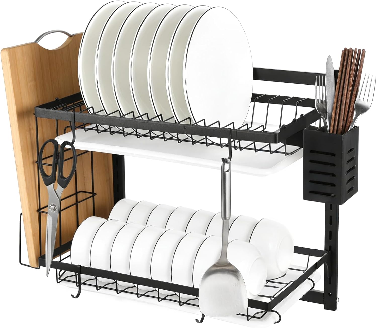 2 Tier Wall Mounted Dish Rack, Large Capacity Hanging Dish Drying Rack Adjustable Height, Carbon Steel Frame with Cutting Board Holder, Utensil Holder for Kitchen