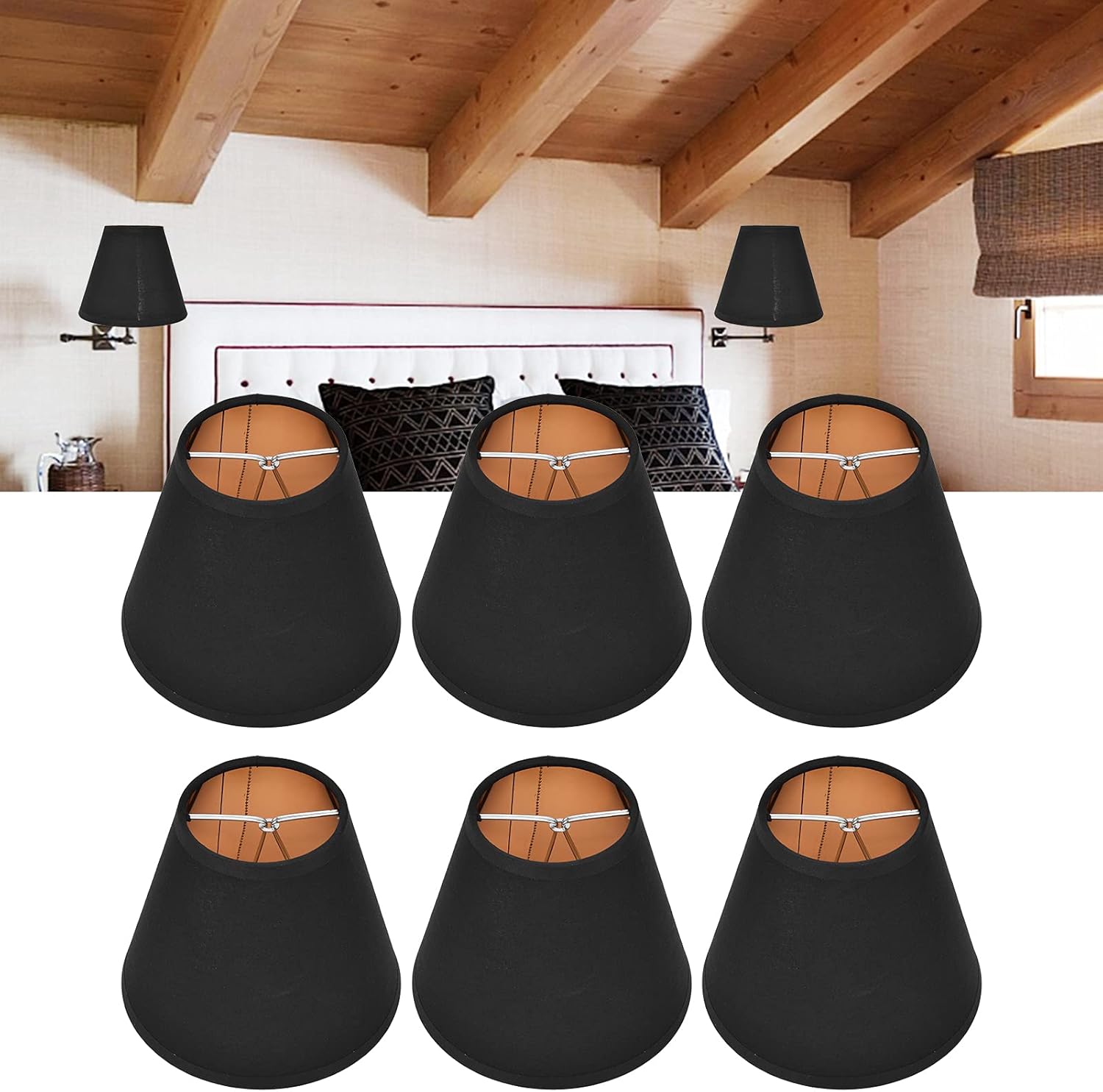 6Pcs Small Lamp Shades, E14 Black Fabric Clip on Bulb Lamp Shade Mini Lampshade Replacement for Chandelier Table Floor Wall Lamp Home Decor, 3.3 x 6.0 x 4.7in