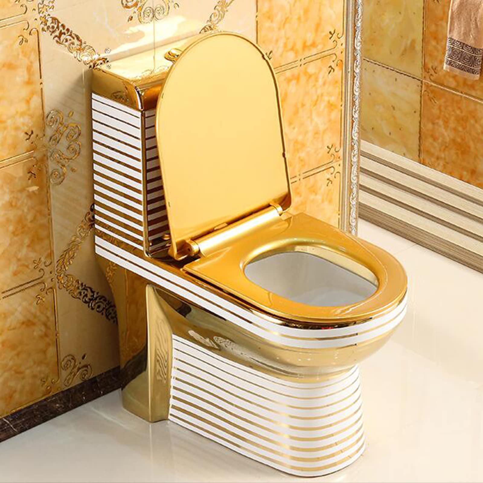 Inodoro dorado de una sola pieza con bombeo de agua silencioso para uso doméstico, lujoso y ligero, estilo europeo, de lujo, sifón de cerámica, apto para 305 mm (dorado 350 mm)