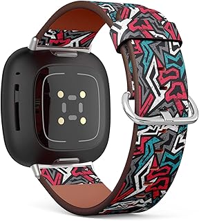 CJBROES Replacement Leather Watch Band, Compatible with Fitbit Versa 3 and Fitbit Sense of Wristband Bracelet Accessory - Colored Graffiti Grunge