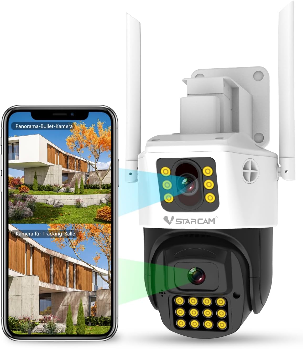 VSTARCAM Dual Lens Camera with mobile phone showing dual live view