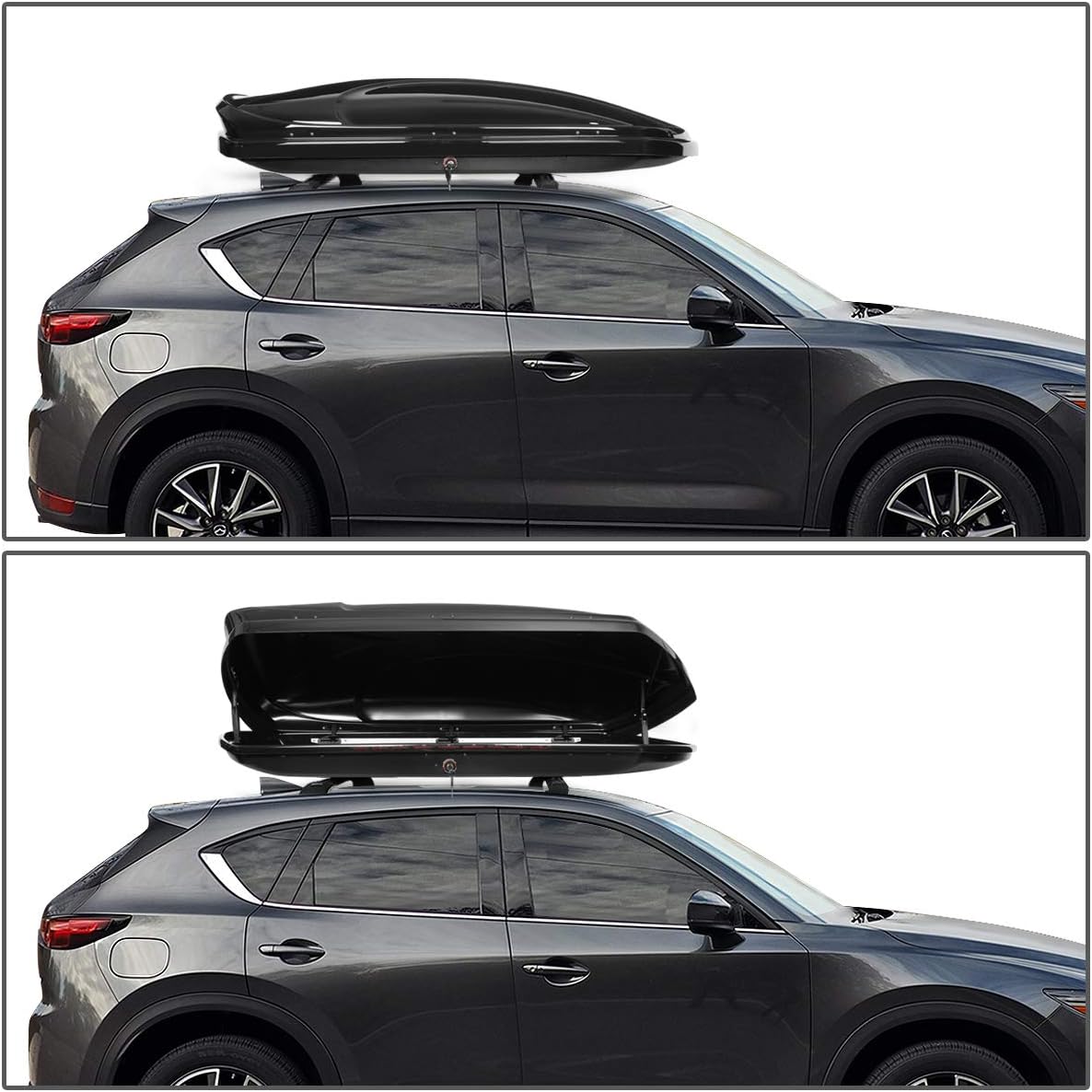 DNA Motoring Rooftop Cargo Box Carrier Compatible with 17-18 Mazda CX-5, Lockable Waterproof Hard Shell Top Mount Carrier w/Lock+Keys + Pair Aluminum Roof Rail Cross Bars, Black, PT-ZTL-8137-BK
