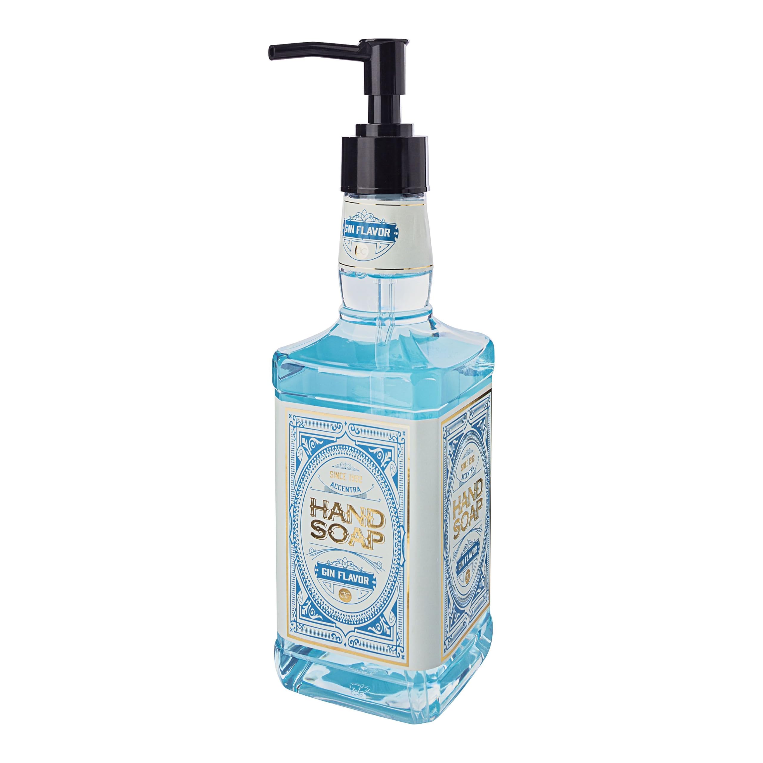 accentra Jabón de manos GIN FLAVOR en botella con aspecto de botella de Gina, 480 ml, jabón de manos en dispensador de bomba, jabón líquido, fragancia de ginebra, rellenable
