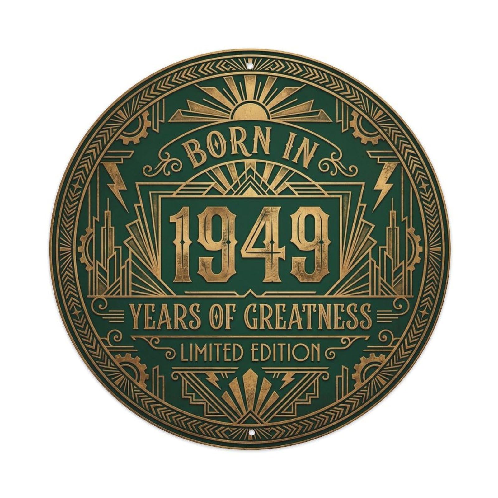 Born In 1949 Years Of Greatness Year-Themed Birthday Gift Metal Tin Sign Plaque Wall Decor for Cafe, Club, Garden Round Metal Poster 8x8Inch