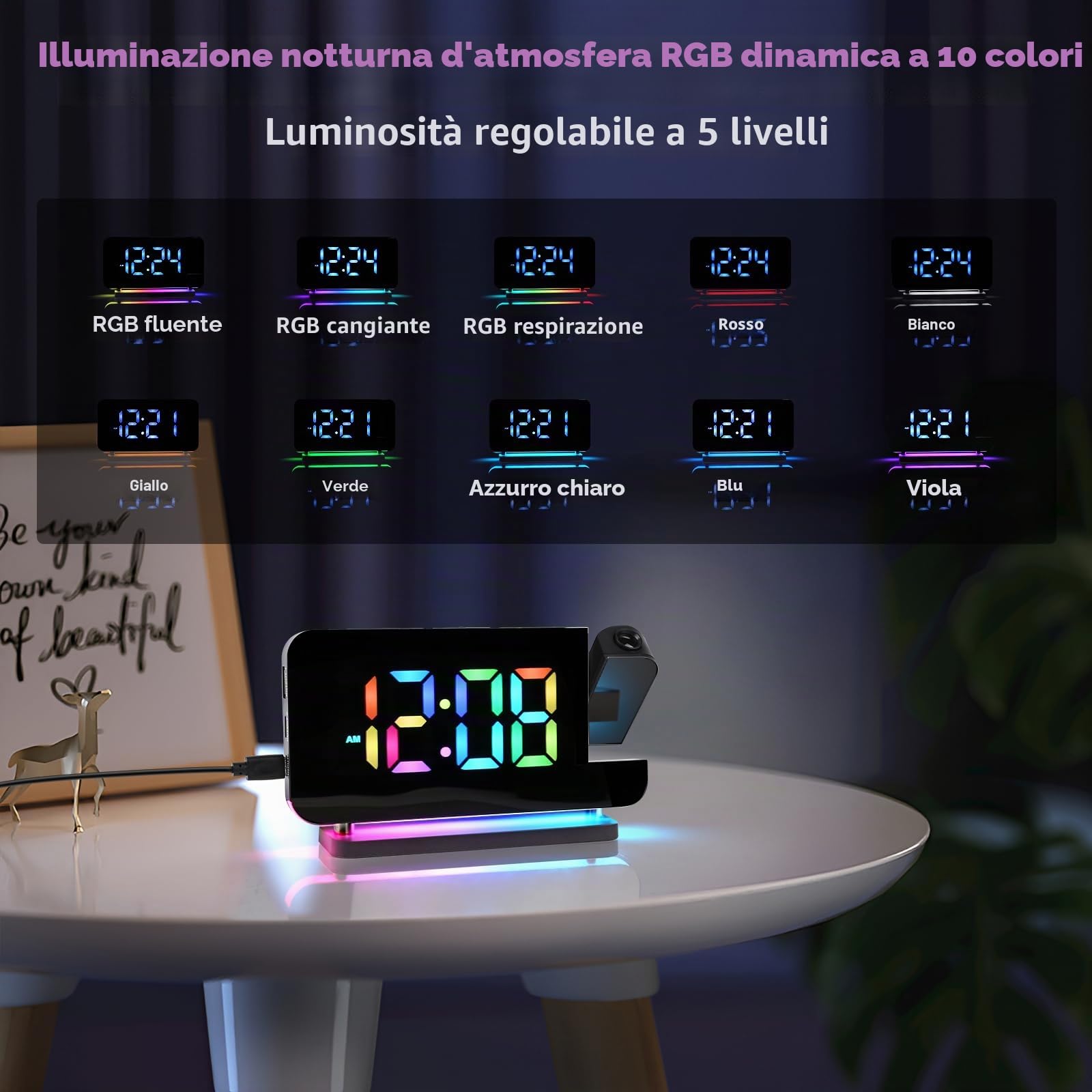 Euakee Sveglia Digitale, Sveglia con Proiezione, Orologio a Specchio LED da 7,4”, Luce Notturna a 10 Colori, Proiettore Ruotabile di 180°, Caricatore USB-C per Bambini Cameretta (Nero)