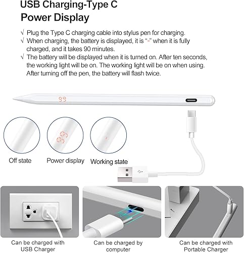 Miniatura 2 de Zosylala Lápiz óptico para iPad con pantalla de potencia, rechazo de palma, compatible con Apple iPad 109876 generación, iPad Air 345 generación,