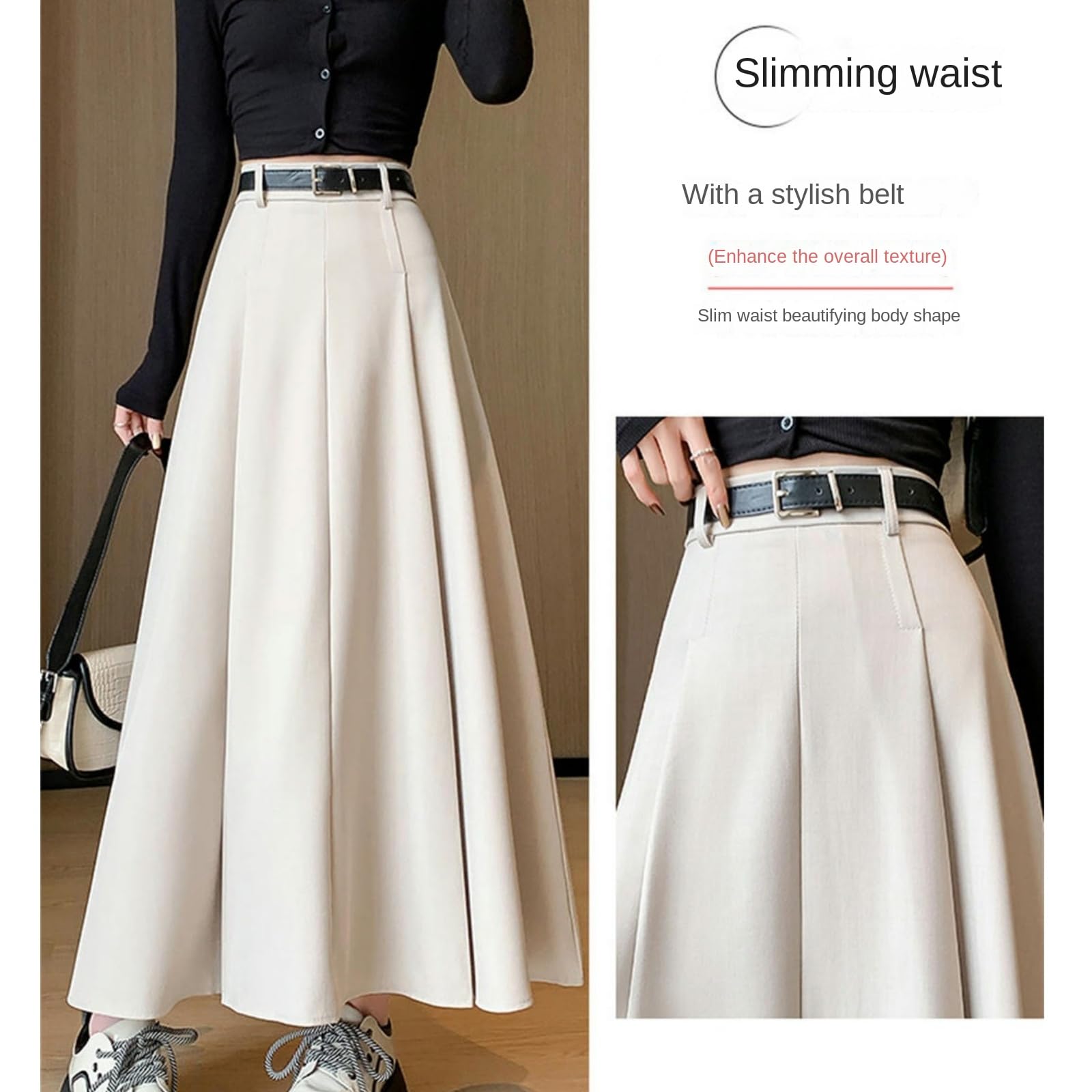Gonna Midi Donna Gonne Autunno E Inverno da Donna, Gonne Plissettate, Gonne Ispessite, Vita Alta, Gonne Dimagranti A-Line Mid-Length-caffè-m