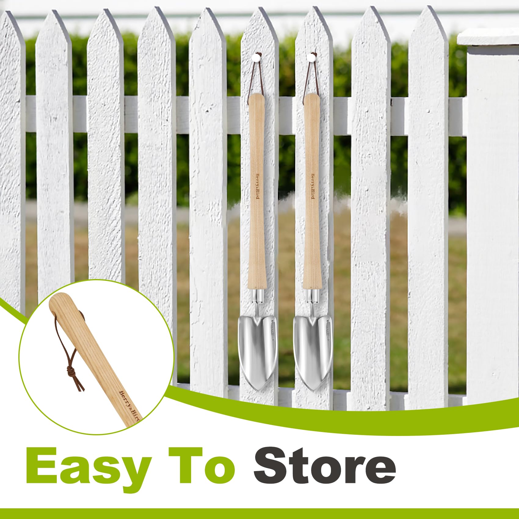 Berry&Bird Edelstahl Gartenhandkelle mit verlängertem Griff, ergonomischer Holzgriff, rostfrei und leicht zu reinigen, ideal zum Graben, Umpflanzen, Pflanzen Jäten in Ihrem Garten