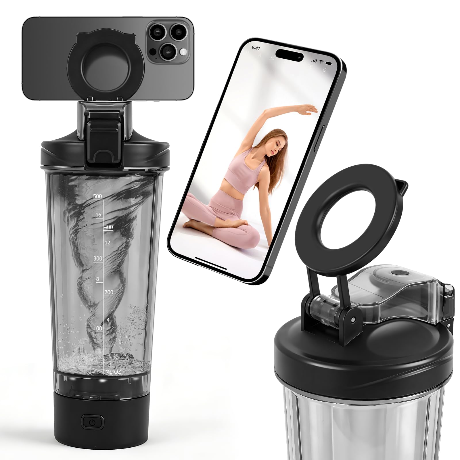 ZAKVOP 700 ml shaker elektrisch, protein Elektrischer Eiweiß Shaker mit Mess-Skala, auslaufsicher, spülmaschinengeeignet, BPA-frei, USB Wiederaufladbar, für klumpenfreie Proteinshakes - Schwarz