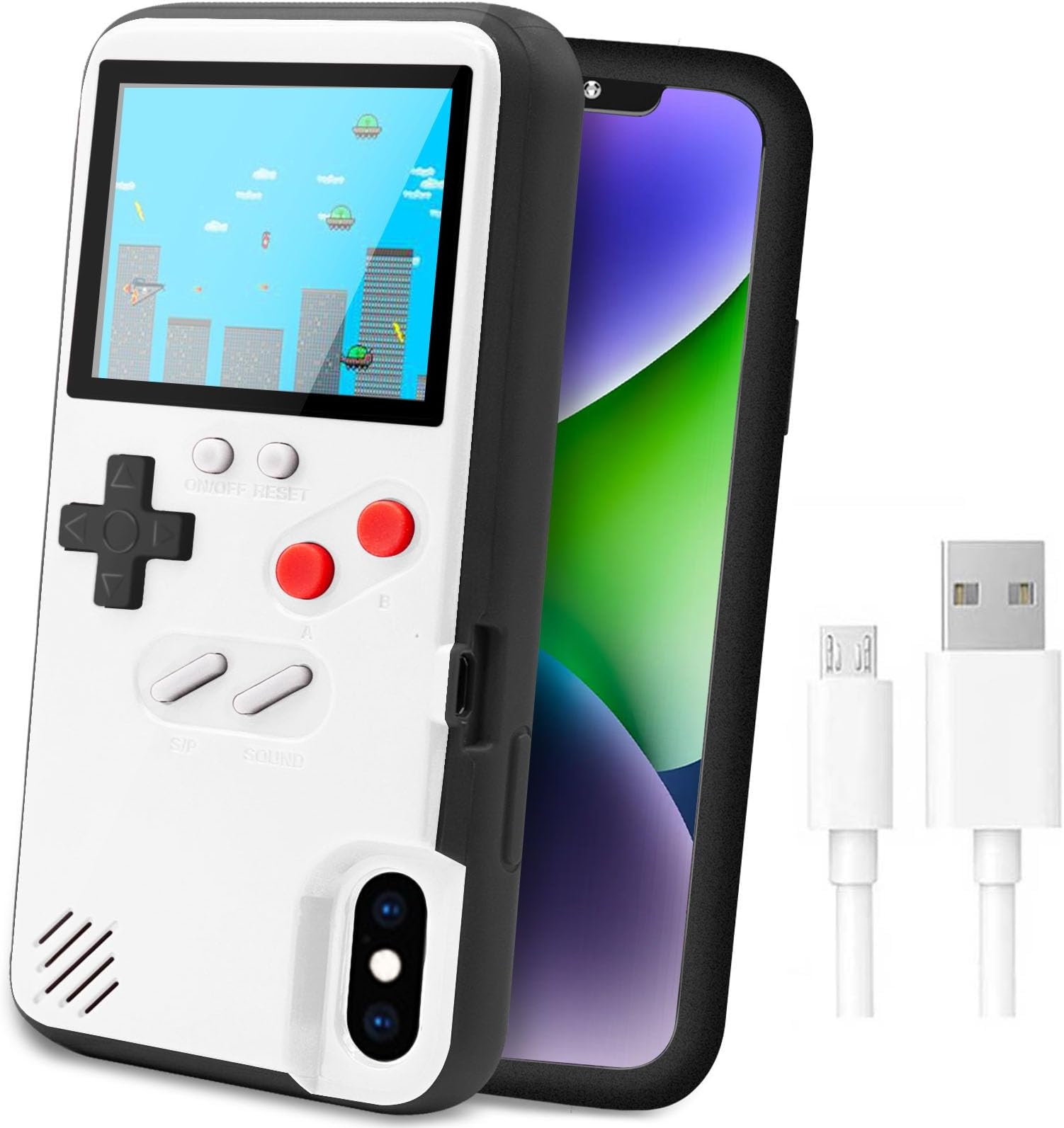 LucBuy Game Console Case Compatible for iPhone 6Plus/6s Plus/7Plus/8Plus, Retro Protective Cover Self-Powered Case with 36 Small Games, Full Color Display, Shockproof Video Game Bumper - White