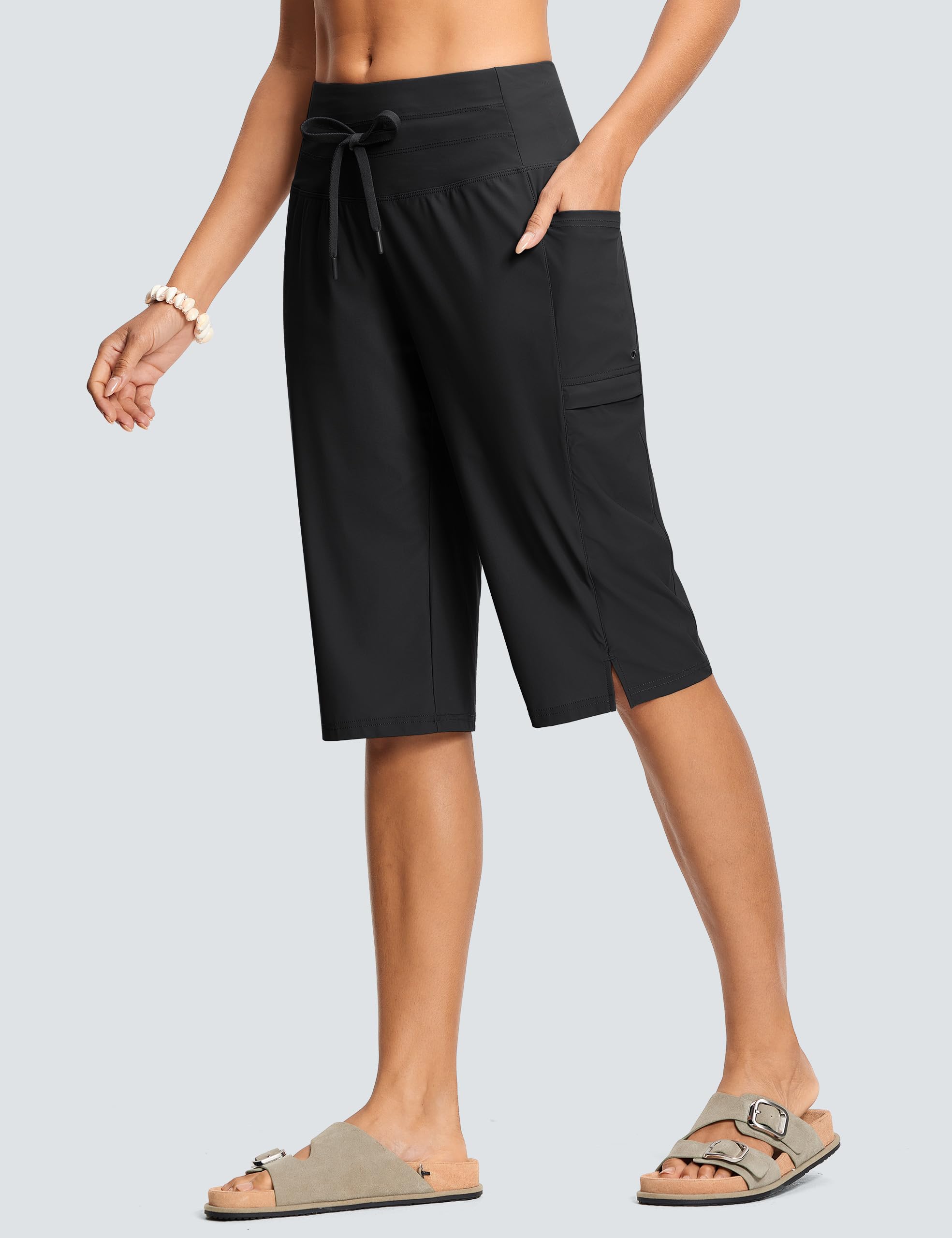 ISEEGZ Pantalones capri de natación para mujer, cintura alta, control de abdomen, secado rápido, UPF 50+, pantalones cortos largos con forro y bolsillos