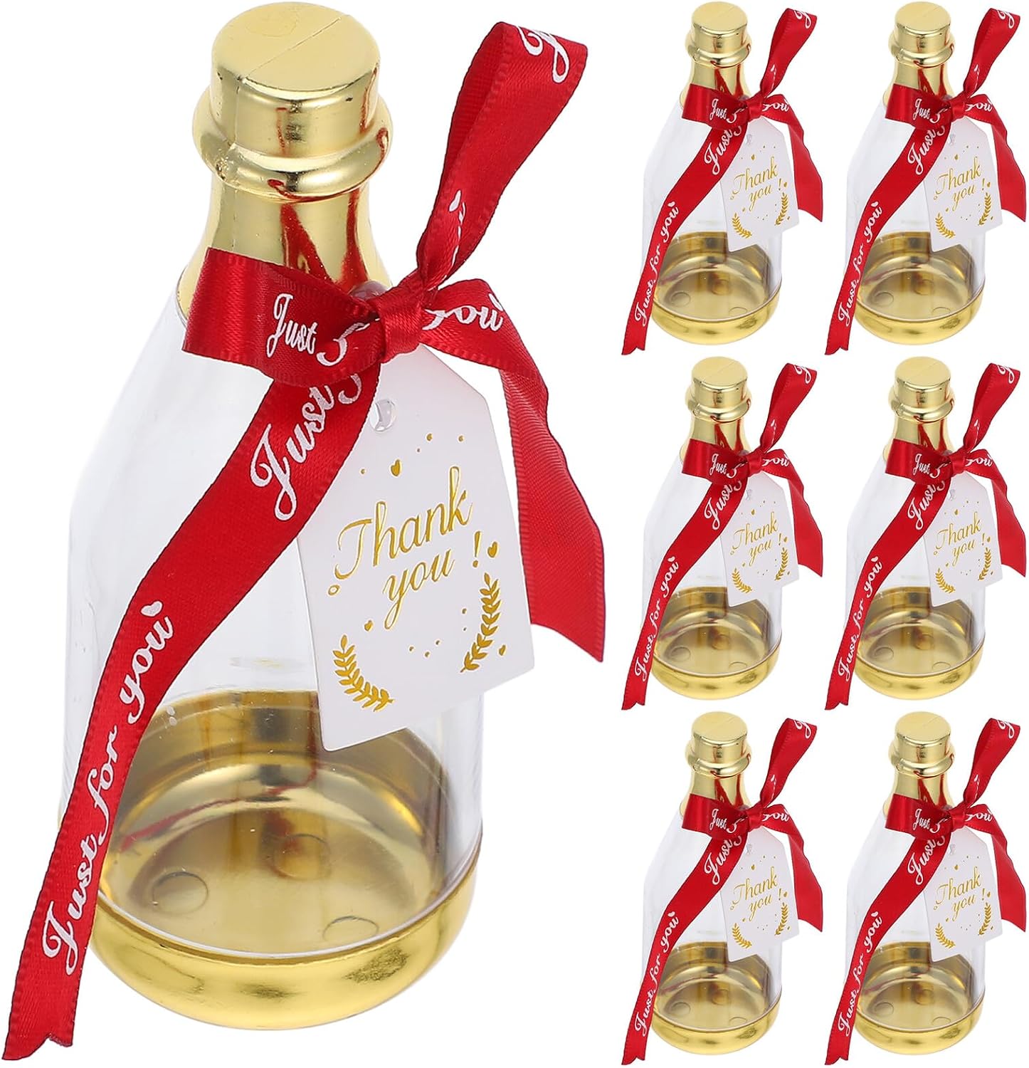 12pcs Mini Plastic Candy Bottles with Ribbon, Shower Candy Favor Containers, Wedding Party Treat Boxes, Gold Bottle with Wine Red Ribbon Set