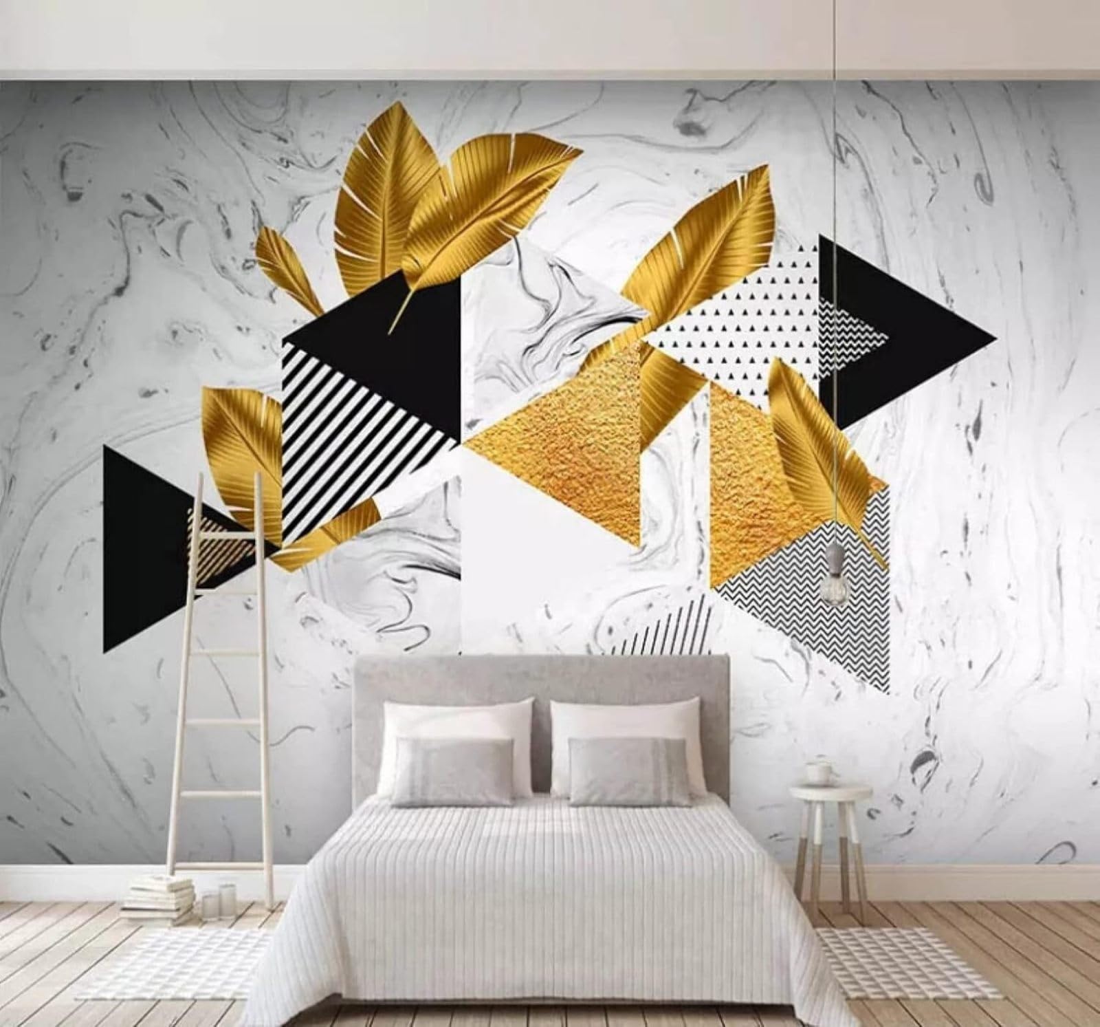 Wallpaper-3D-Xlm 300Cm×210Cm(B×H) Abstract Gold Geometric Leaves Faux Marble 3D Wallpaper Easy Install Feature Office Living Room Sofa Bedroom Tv Background Wall Decoration-300Cm×210Cm