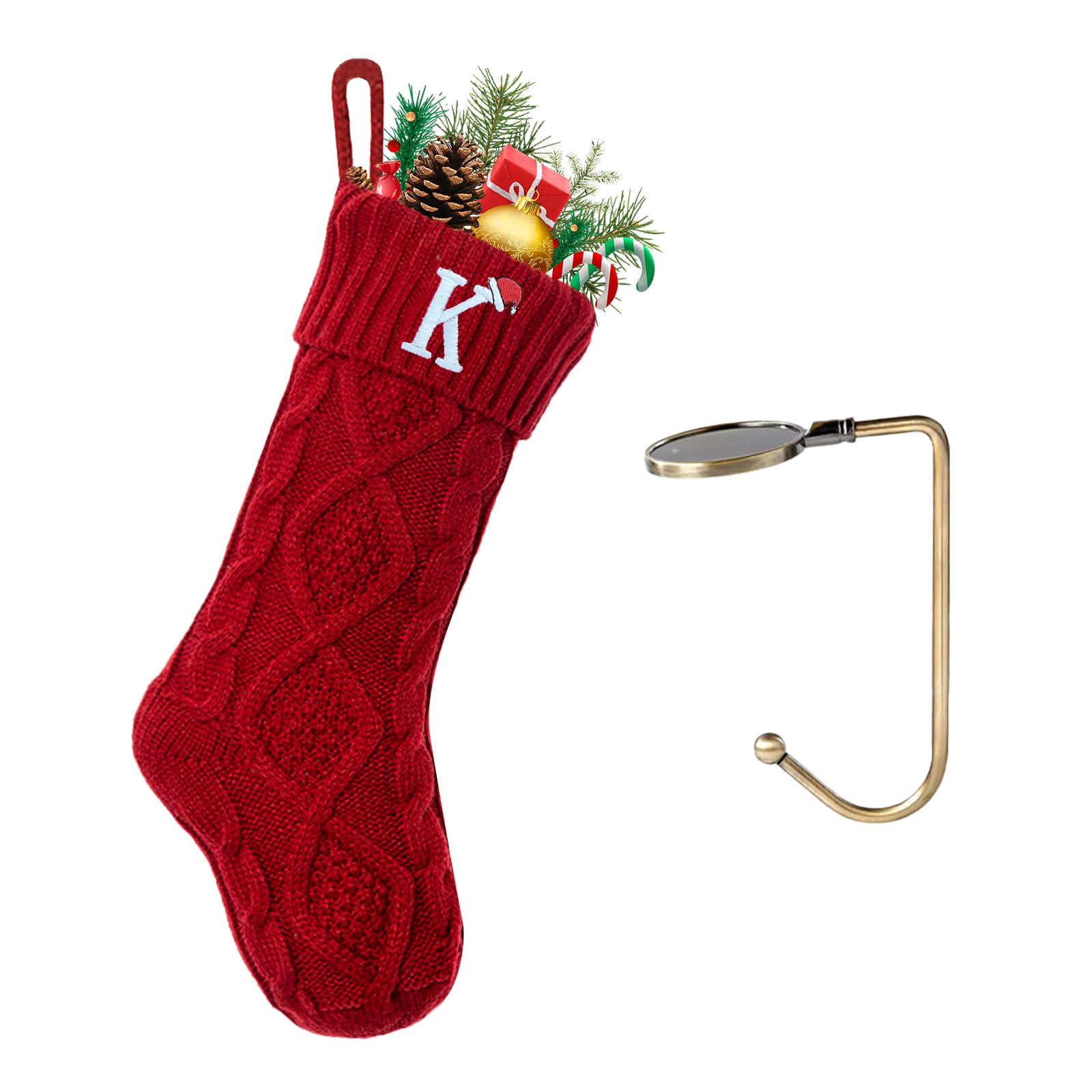 VRFASHION Christmas Stockings with Initials,Embroidered Xmas Stockings,18" Large Monogram Knitted Xmas Stocking,Christmas Party Fireplace Family Hanging Stocking Decorations (1 Pack, Red) Letter K