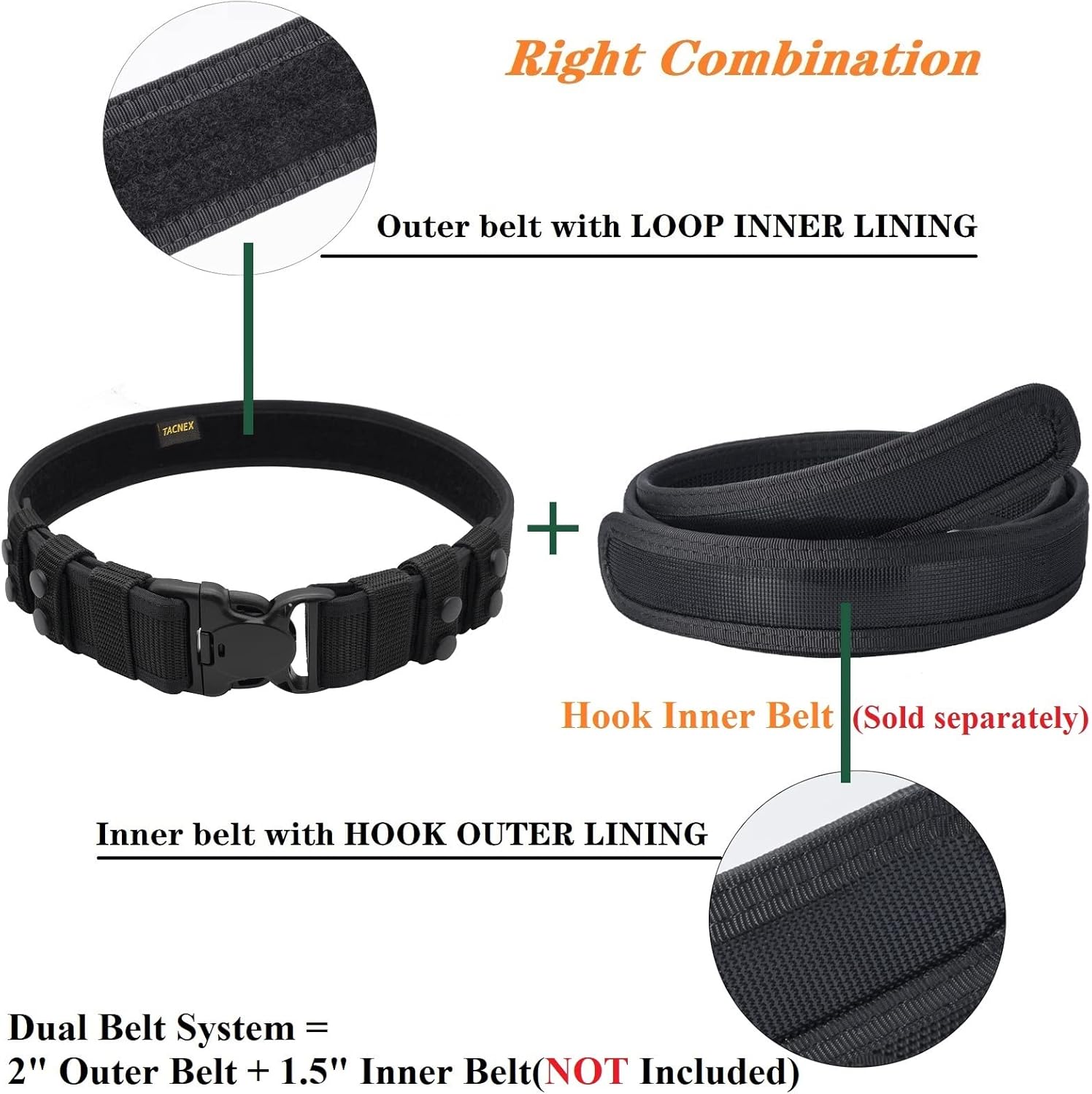2.25" Duty Belts with Loop Liner 4 Keepers + 1.5" Inner Belt with Hook Liner L(35"-38")