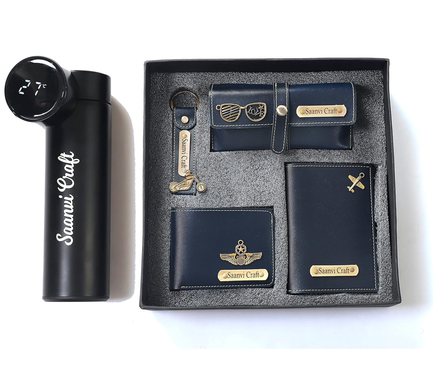 SB Gift Glore Customized 5 in 1 Engraved 1 LED Flask Bottle, Passport Cover with Wallet, Eye Wear Case, and Metal Keychain Combo - Men's Combo Accessories, Personalised Gifts (Blue)