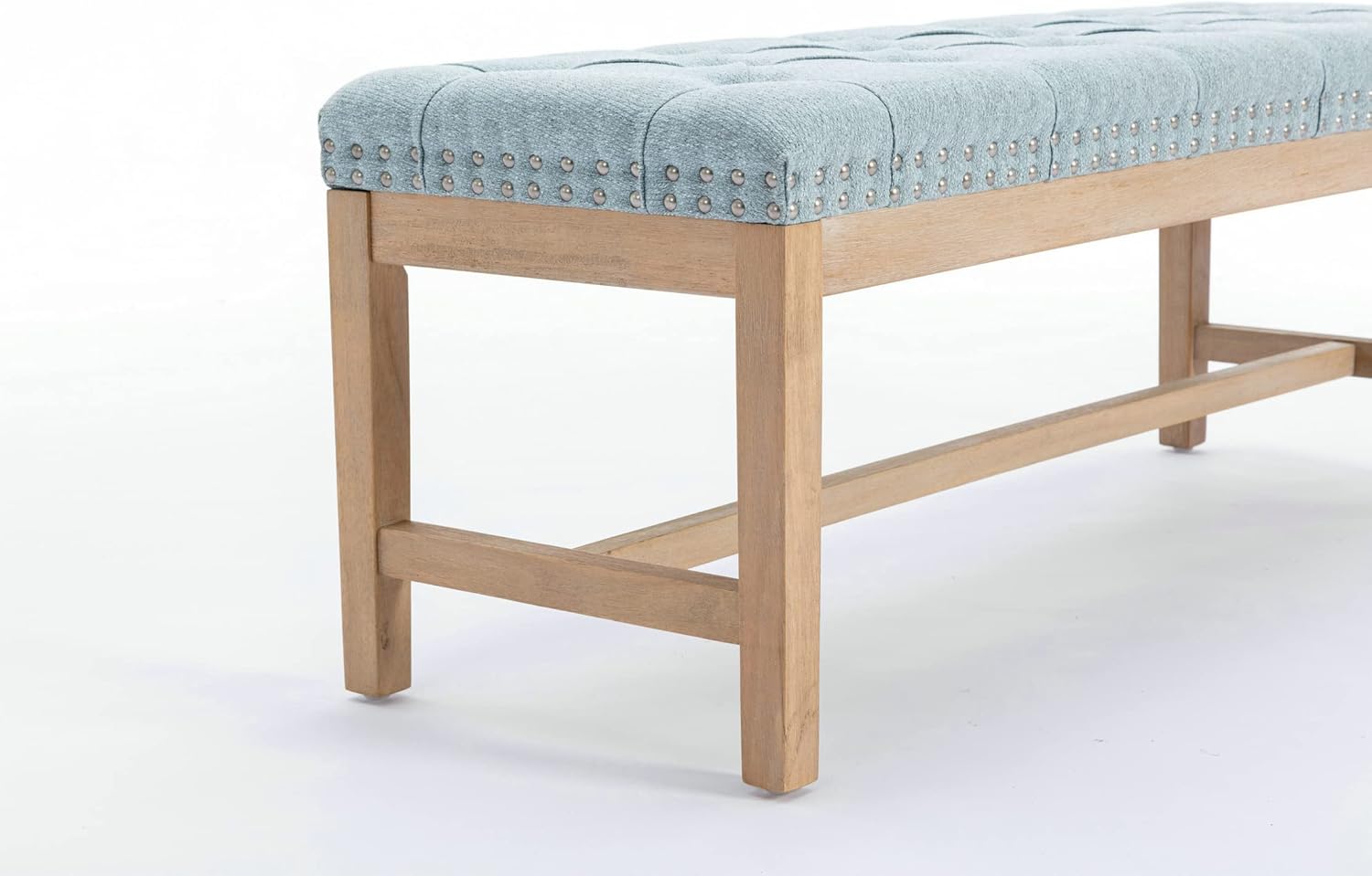 Province Linen Tufted Upholstered Bench - White Distressed Wood Legs with Nailhead Traditional Coastal Contemporary 46" Long Ottoman (Blue) - Fabric for Living Room, Bedroom, Traditional