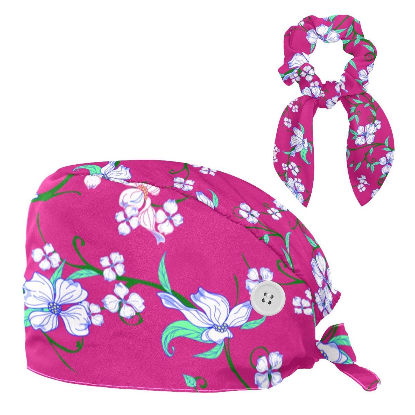 Allenada Bouffant Caps with Hair Tie Working Cap with Sweatband Tie Back Hats Nurse Hat Botanical Flowers Dragonfly