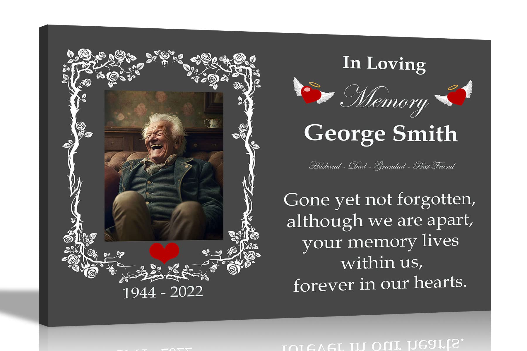 Artley Prints Black Rose Border - Black Personalised Memorial Canvas Prints And Rose Border | Framed Pictures Wall Hanging | Remembrance Sympathy Gift | Mum, Wife, Granny, Friend 30 X 20Cm (12 X 8 In) A4