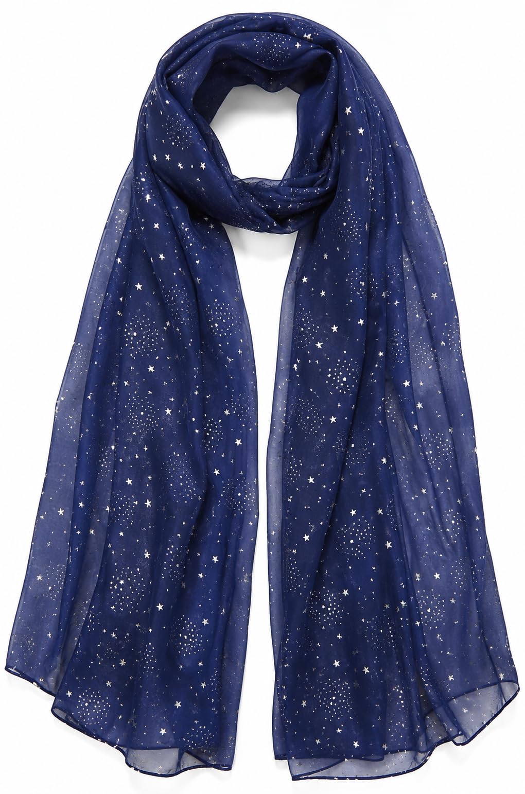 Navy Blue Sheer Scarf with Silver Star Print, Lightweight Celestial Design for Festive and Evening Occasions-image-41